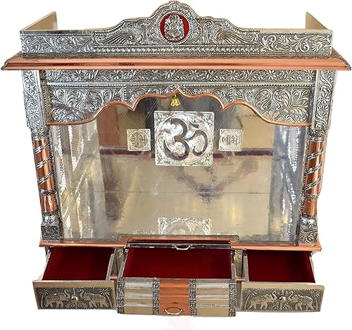 Pooja Mandir para el hogar (templo hindú indio para casa) – 32 pulgadas de paso abierto Puja Mandir altar de templo de madera chapado en plata
