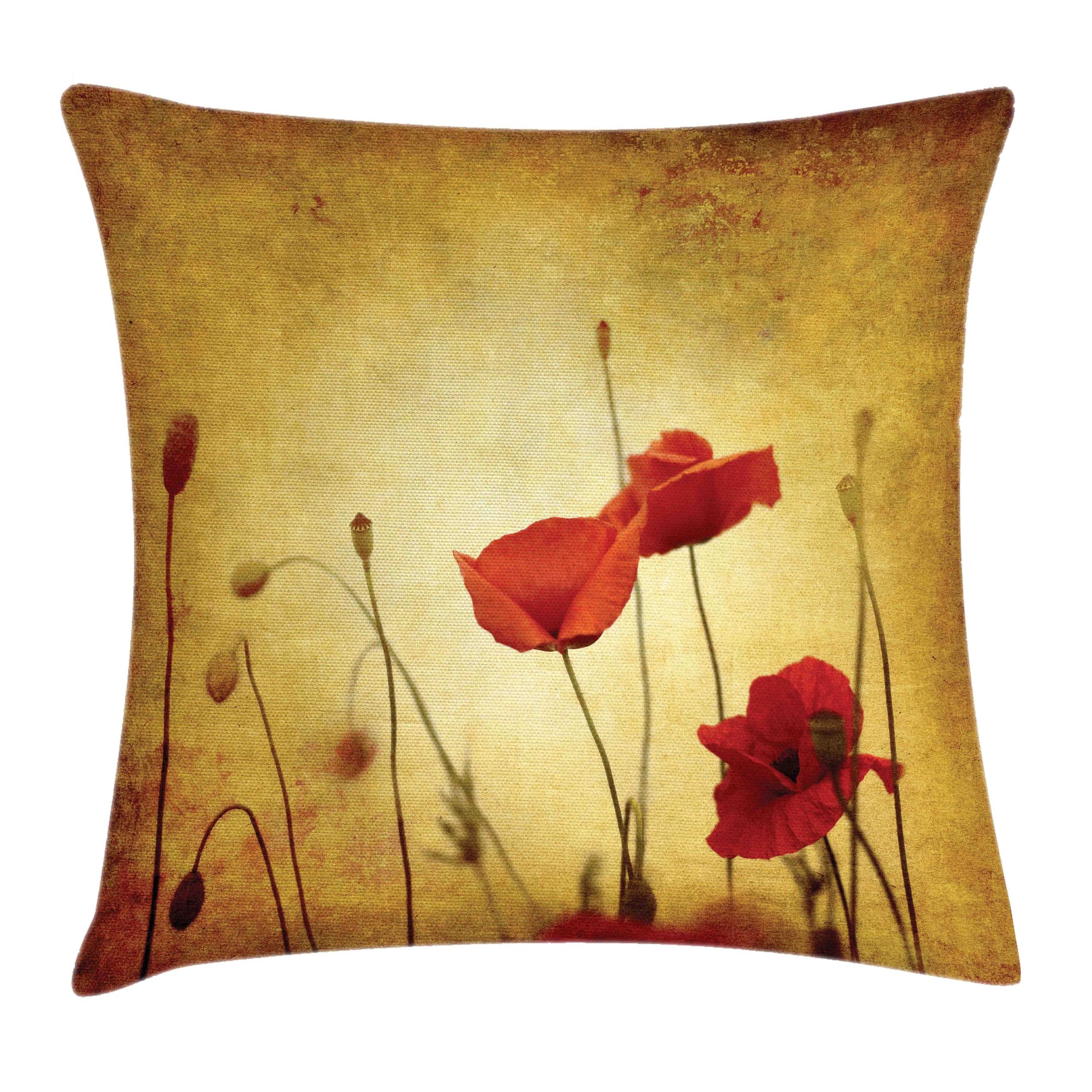 Ambesonne Poppy Flower Throw Pillow Cushion Cover, Flower and Buds on Ambient Grunge Background Retro Effects Bohemian, Decorative Square Accent