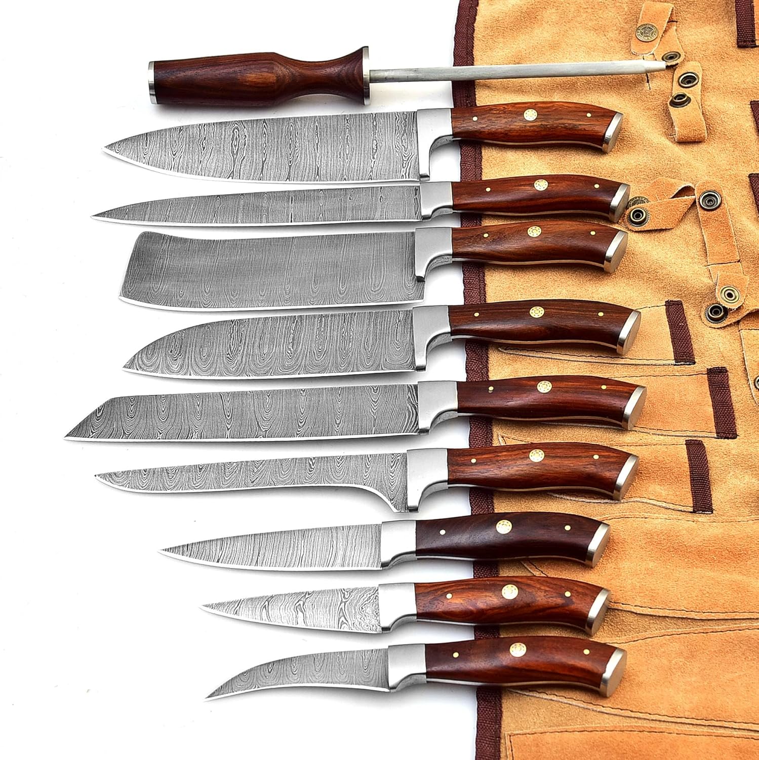 Randy Handmade Damascus Kitchen Chef Knife Set - Professional Damascus Steel Knife Set - 10 pcs Japanese Damascus Knife Set With Leather Bag/Case(10801)