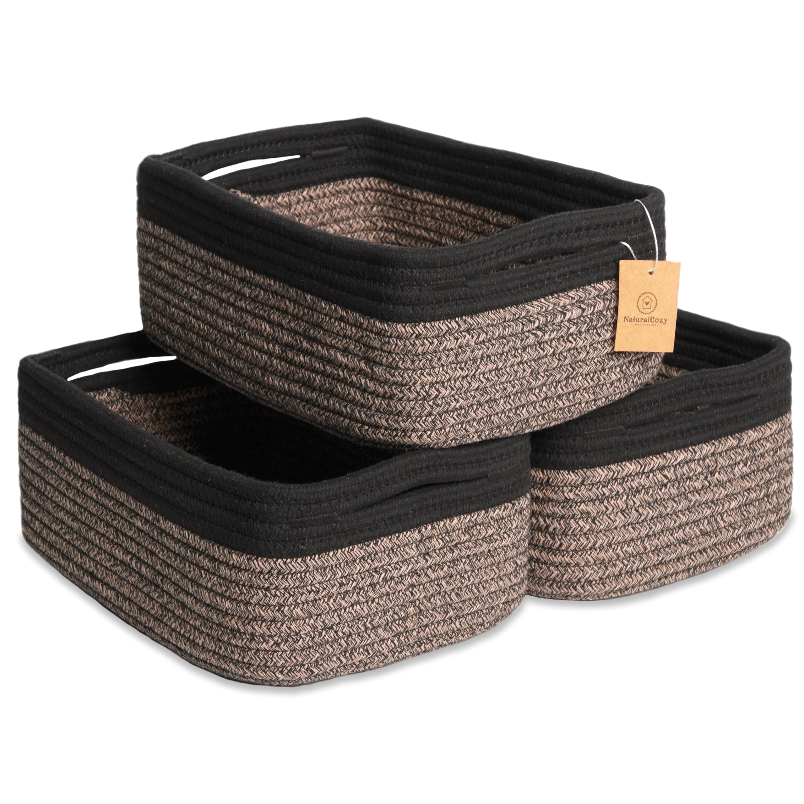 NaturalCozy 11.8"x8"x4.5” Rectangle Storage Baskets for Shelves 3 Pack | Cotton Rope Woven Small Baskets for Organizing | Small Storage Bins for