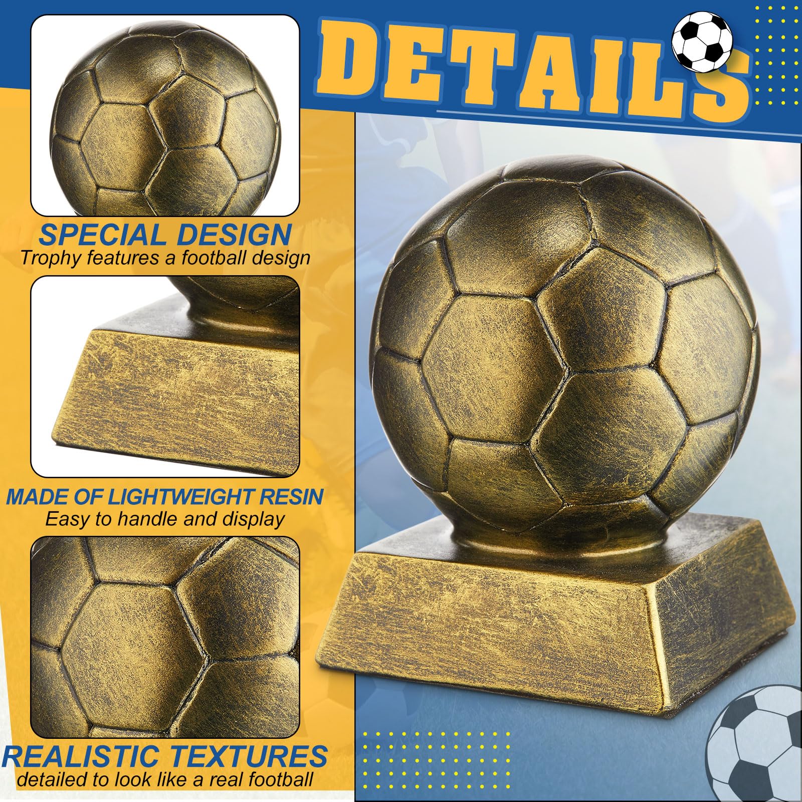 Liliaafar Fußball-Trophäe, 10,2 cm, Antik-Bronze-Gold, Kunstharz-Fußball-Medaillen, Sammlerstück für sportliche Erfolge, Büro-Schreibtisch-Dekoration, Trophäenkoffer, Trapezsockel