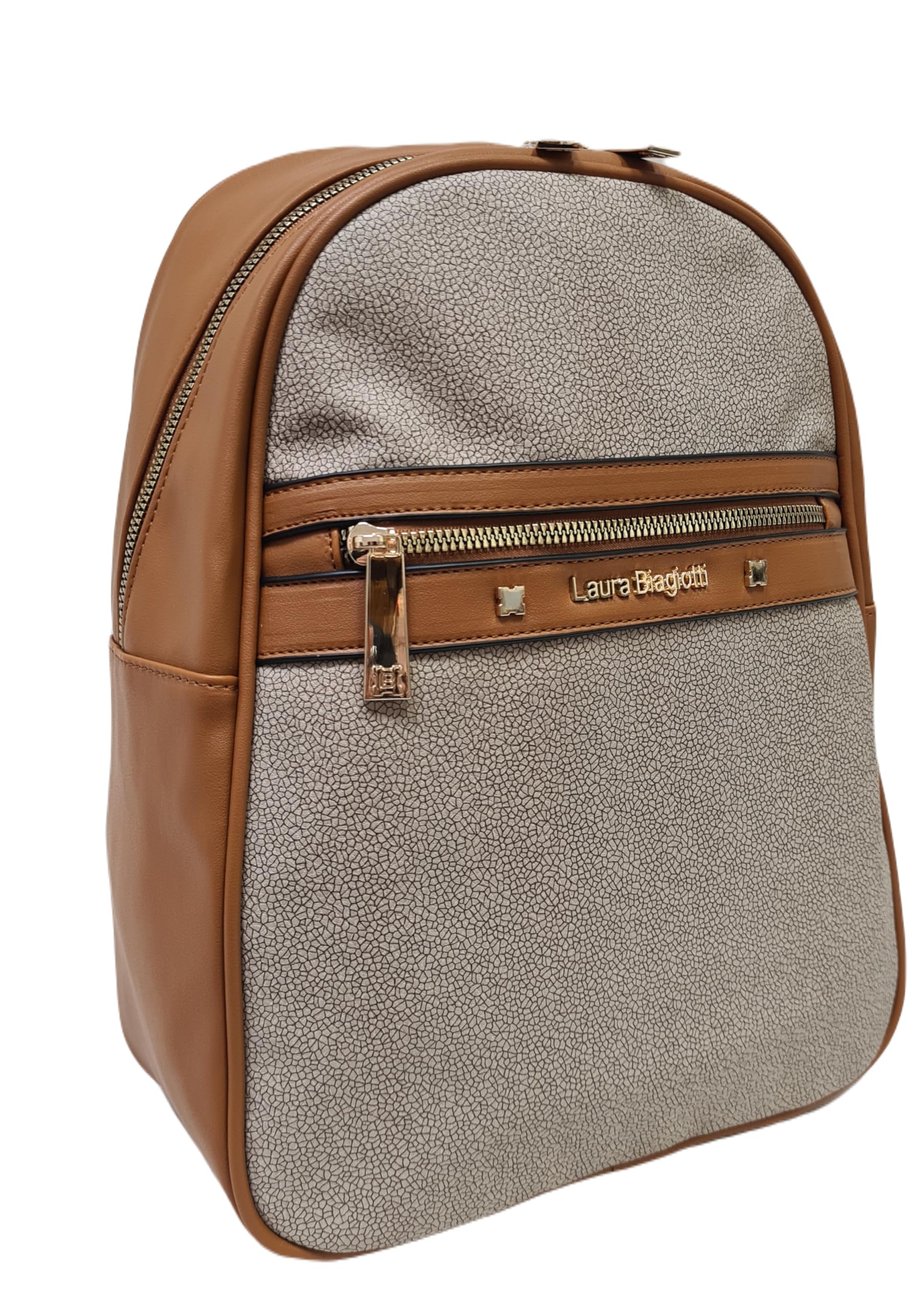 Laura Biagiotti Zaino Donna Linea Rosemin, Dimensioni 32x26x12 cm, Ecopelle Stampa Tapiro e Tinta Unita, Tasche Multiple, Tracolla e Manico in Tessuto Personalizzato Art.LB25S-104-5 (CUOIO)
