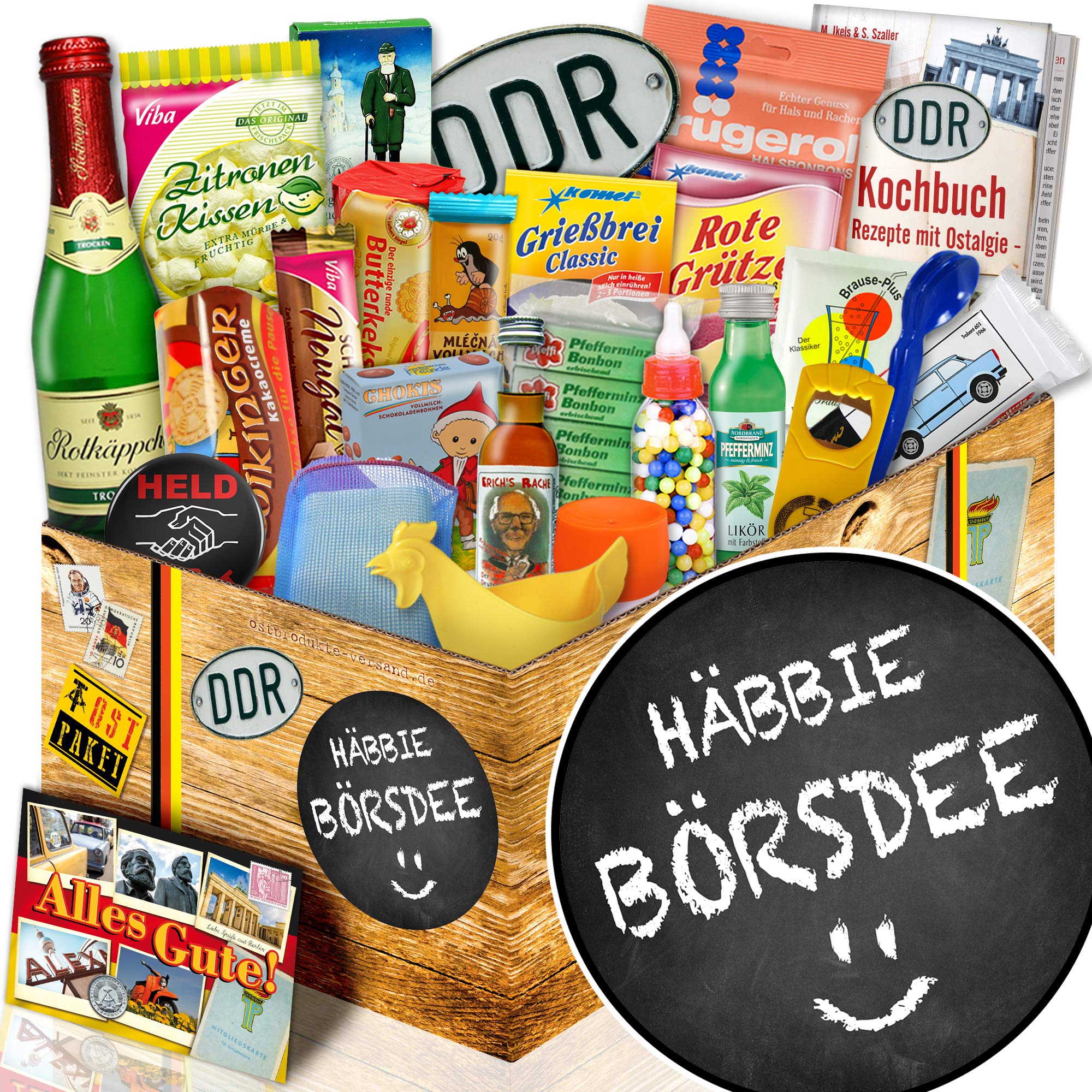Häbbie Börsdee - 24er DDR Geschenk-Set mit Ostprodukten & Kochbuch