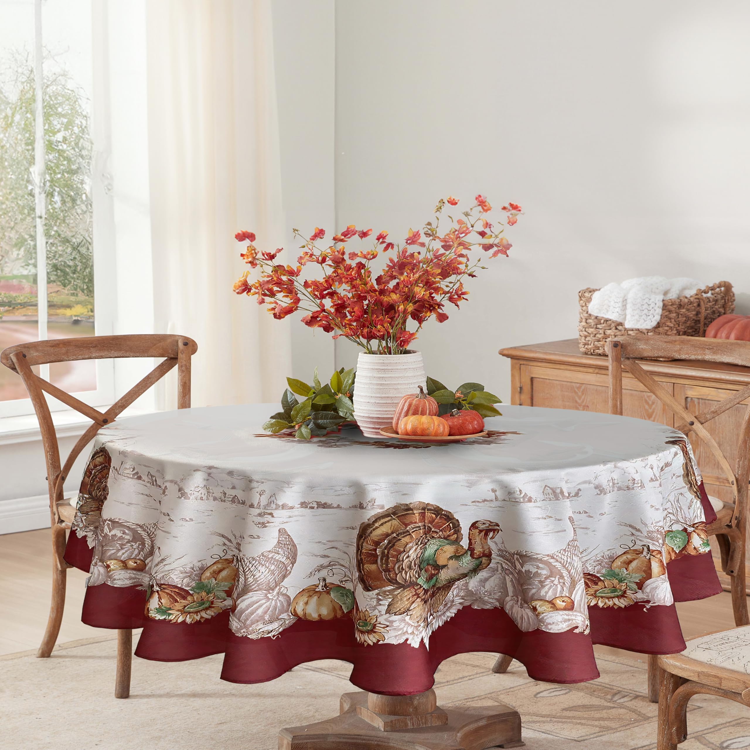 Newbridge Thanksgiving Country Heritage Turkey 60 x 84 Inch Oval Fabric Tablecloth, Fall Harvest Border Dining Table Cover