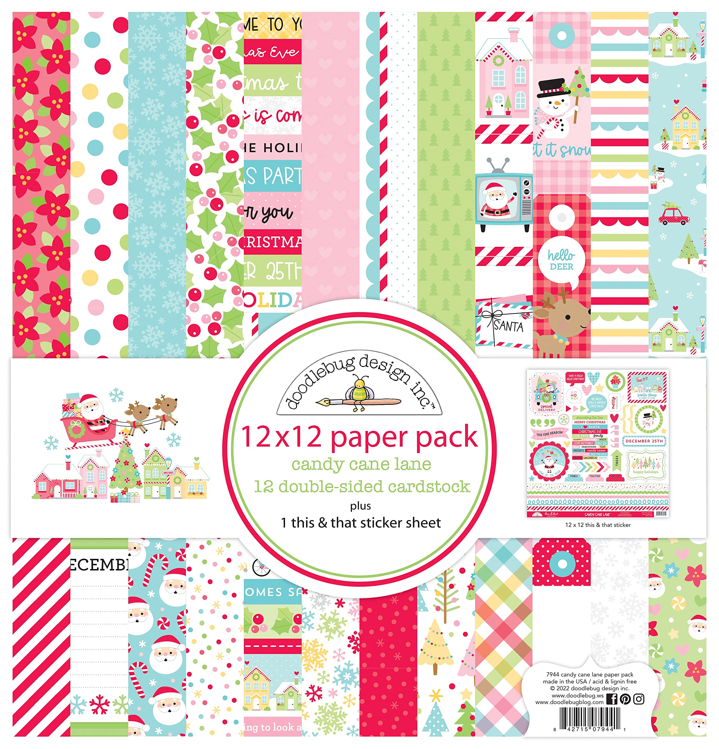 Doodlebug Double-Sided Paper Pack 12"X12" 12/Pkg - Candy Cane Lane