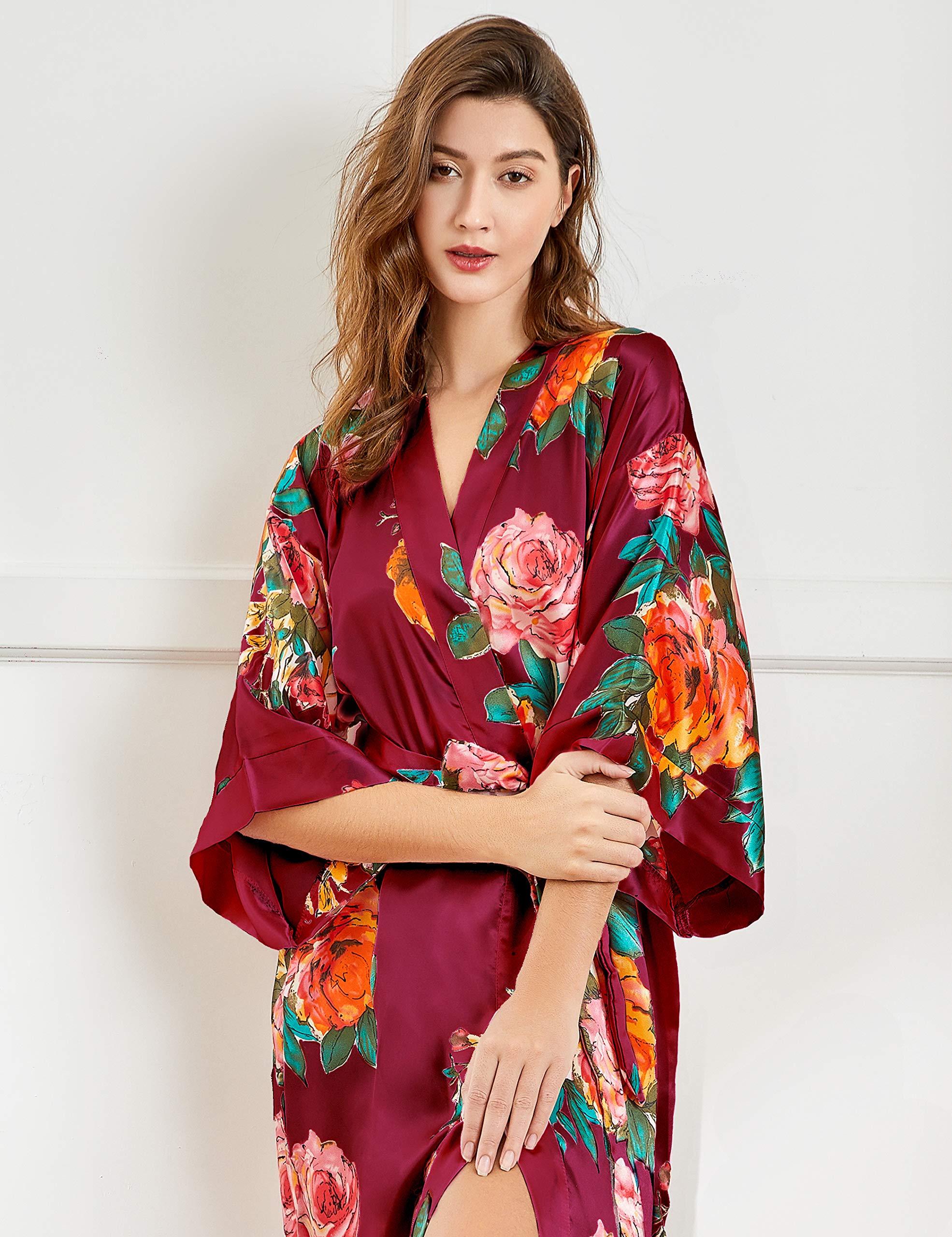 BABEYOND Damski szlafrok poranny maxi długi satynowy lato kimono kwiatowy wzór nadrukowany szlafrok kimono, kardigan damski, długi szlafrok w kwiaty, płaszcz do spania dla dziewcząt, piżama na imprezę