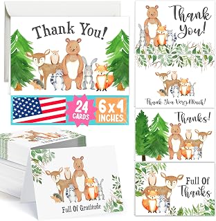 24 Kids Thank You Cards Birthday Blank Teacher Appreciation Notes | 6 x 4 Woodland, Appreciation Card for Teachers, Birthday, Thanksgiving, Friends, Doctors Thankyou Notes for Business