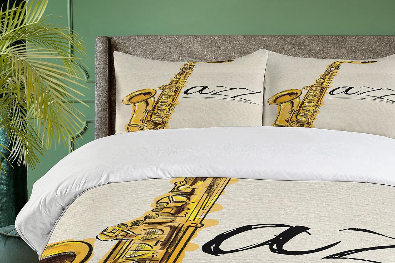 Ambesonne Music Duvet Cover Set, Classic Painting of Jazz Saxophone Print on Plain Background Vintage Style Sketch, Decorative 2 Piece Bedding Set with 1 Pillow Sham, Twin Size, Yellow Ecru image 3