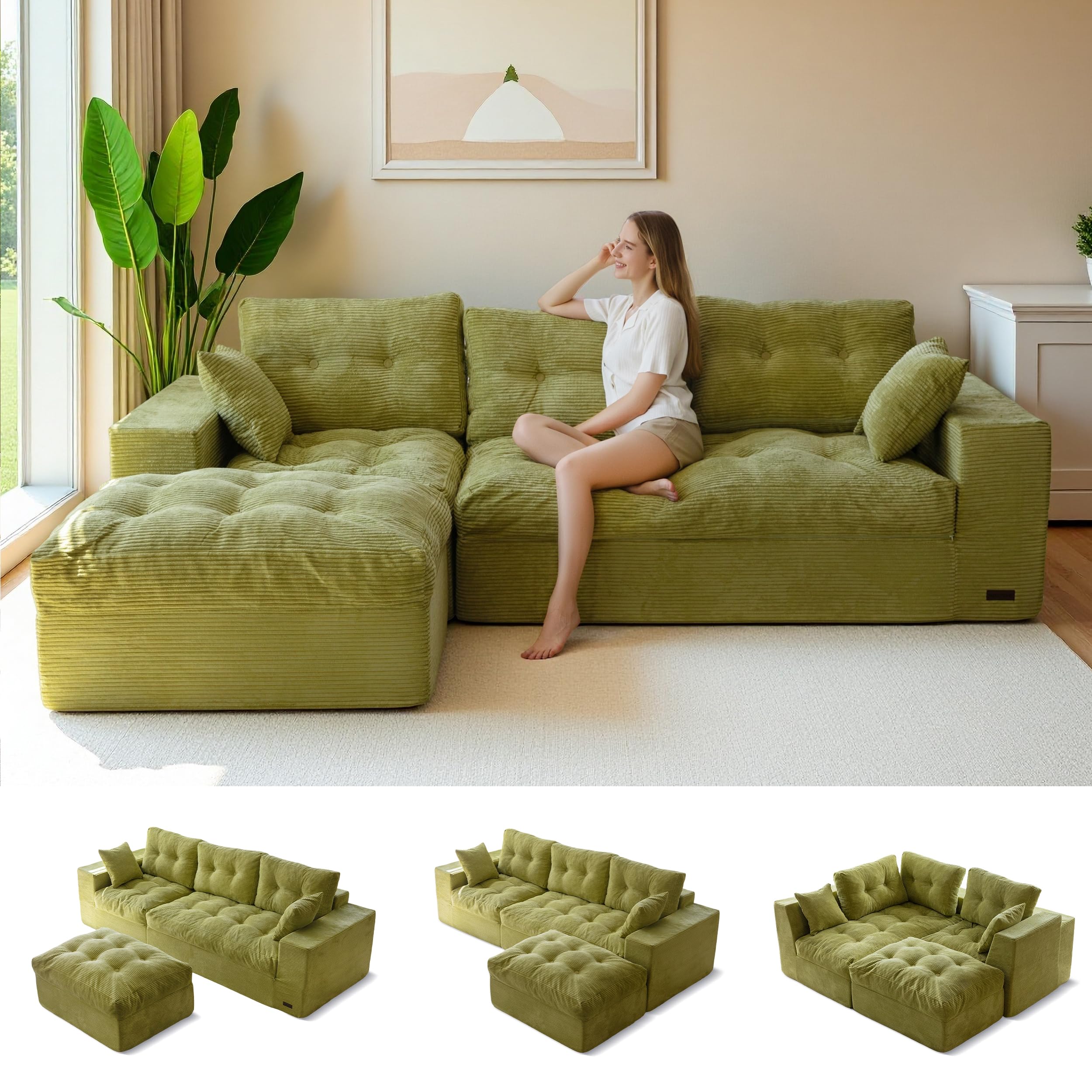 MAXYOYO L Shaped 96" Modular Sectional Sofa with Ottoman, Cloud Boneless Couch with Layered Cushion, Upholstered Sofa in a Box, Flexible Module Combination for Living Room, No Assembly, Green