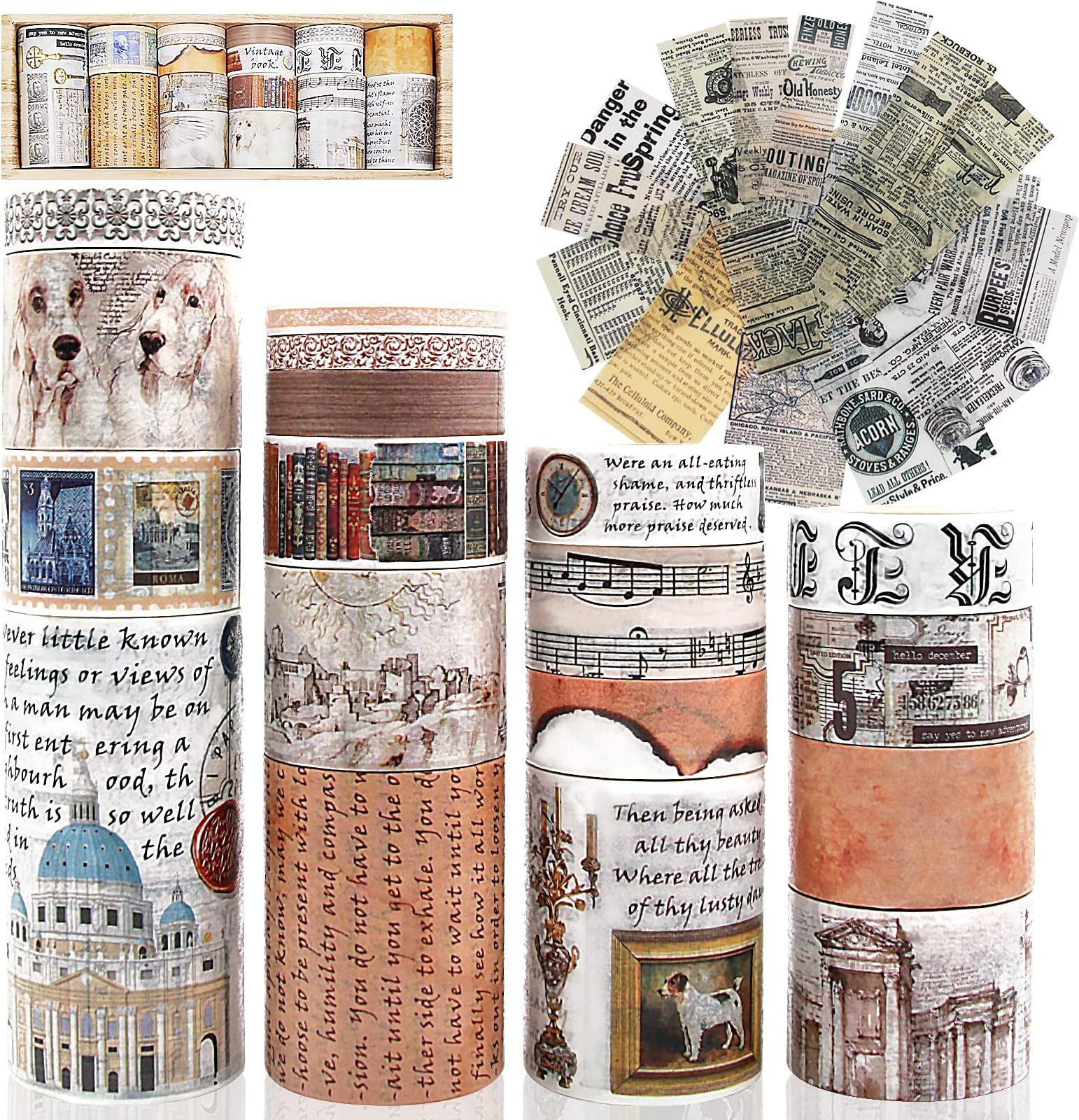 Vintage Washi Tape 18 Rolls & 15 Old Newspaper Stickers Set,75/50/30/25/20/15/10/5mm Castles,Stamps,Retro Buildings,Letters,Decorative Masking Tape for Scrapbook Supplies,Junk Journals,Craft(Writing)