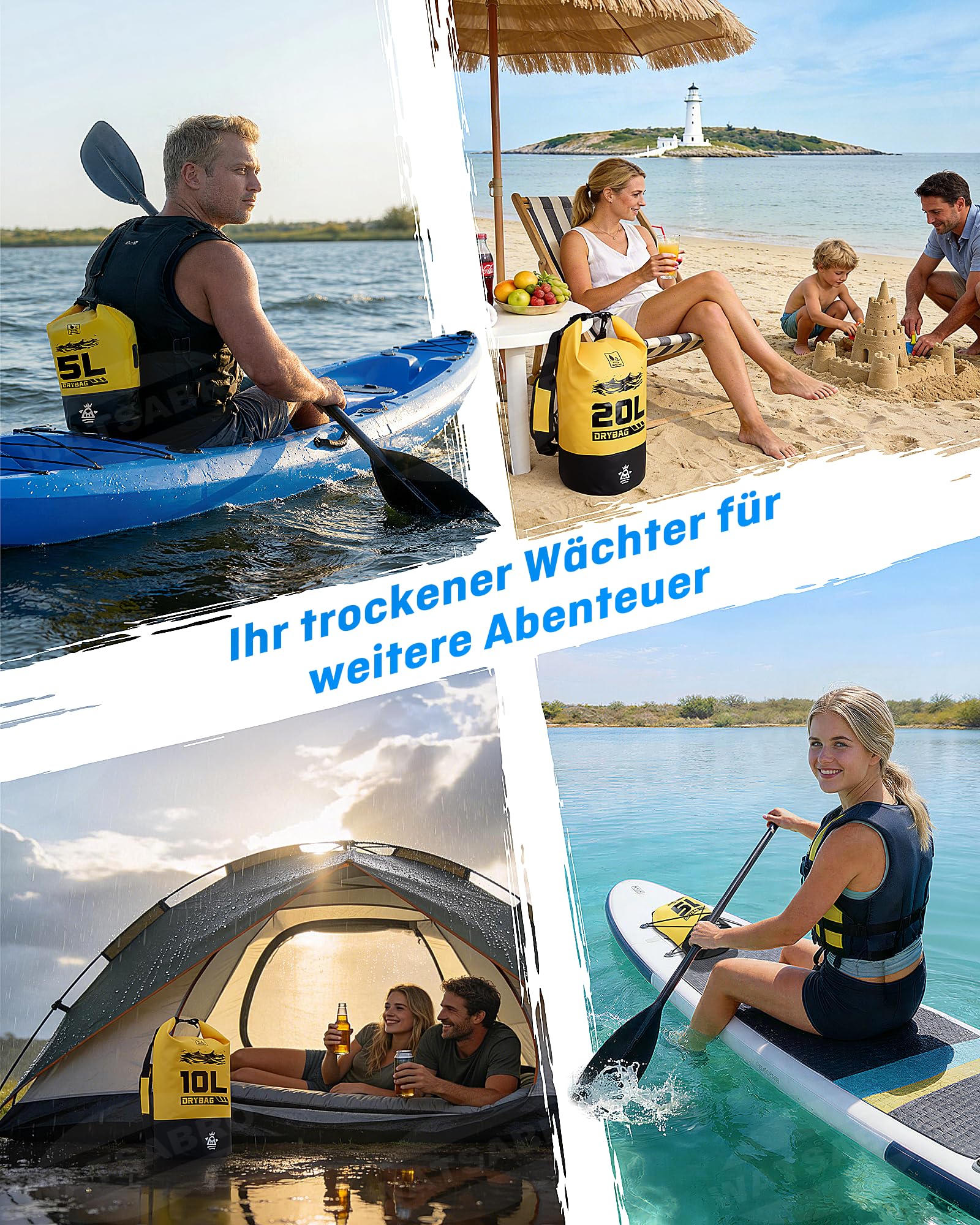 WATSABRO Dry Bag – 5L/10L/20L wasserdichte Tasche, Kratzfester Wasserdichter Rucksack, Inklusive 100% Wasserfeste Handyhülle – Ideal für Wassersportarten wie SUP, Kajak, Kanu sowie Strandurlaube