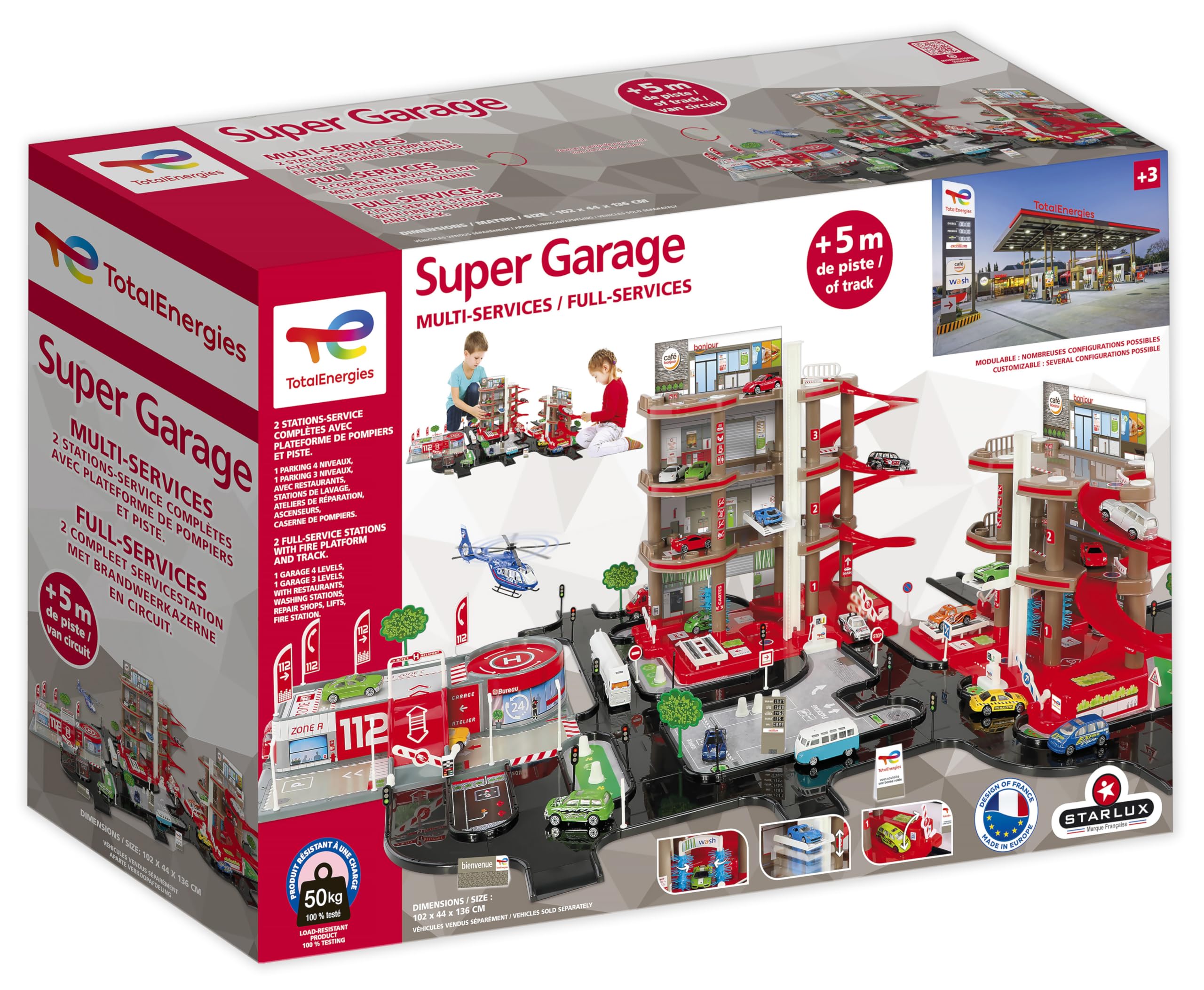 STARLUX – Double Garage Total Géant 1M/1M30 avec Station-Service Complète de 3 et 4 Niveaux, Plateforme d'intervention et Circuit de 5 mètres – Dès 3 Ans – Fabriqué en Europe – 401018