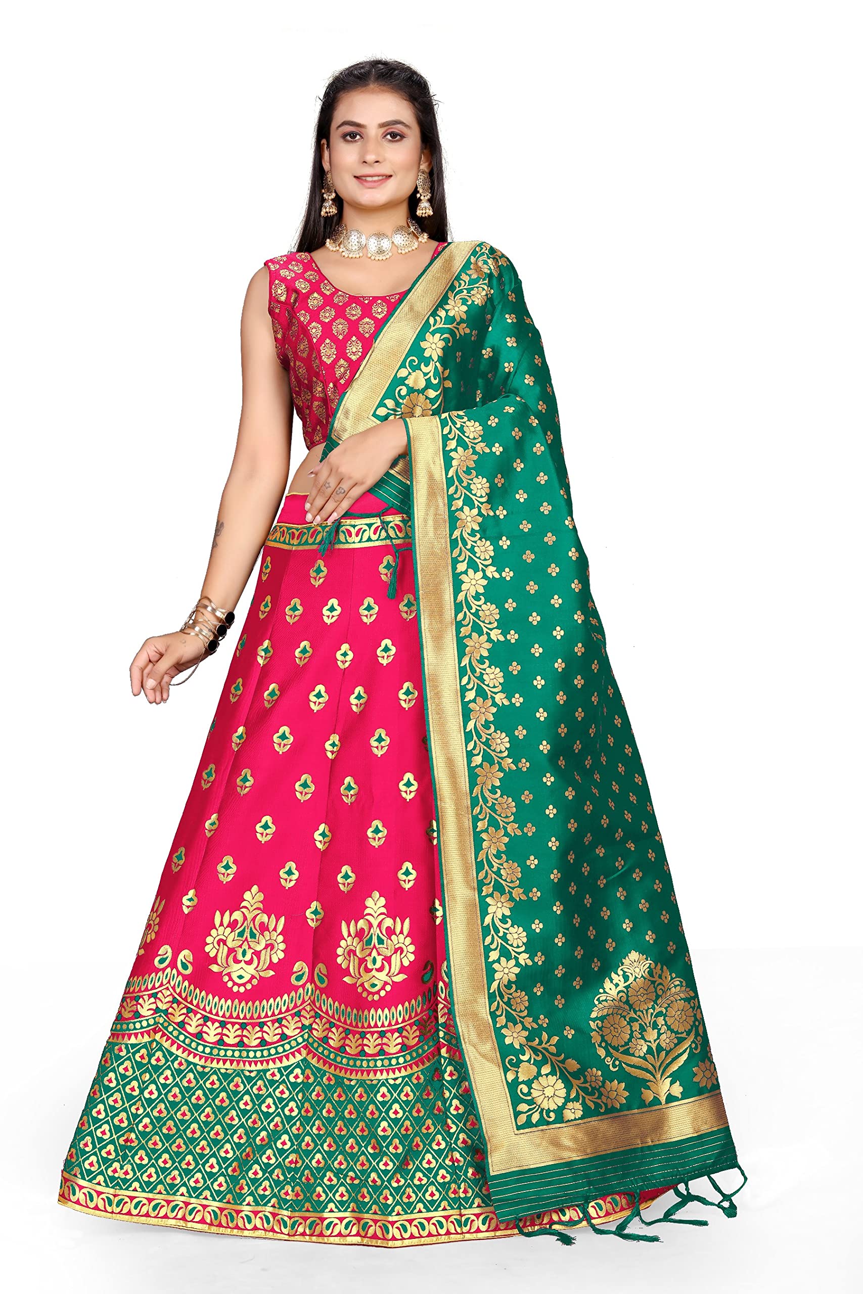 SHAVIDR ENTERPRISE-LAHER Girl's Casual Wear Heavy Banarsi Jacquard Soft Silk Bridal Semi-Stitched Lehanga Choli With Dupatta Set.