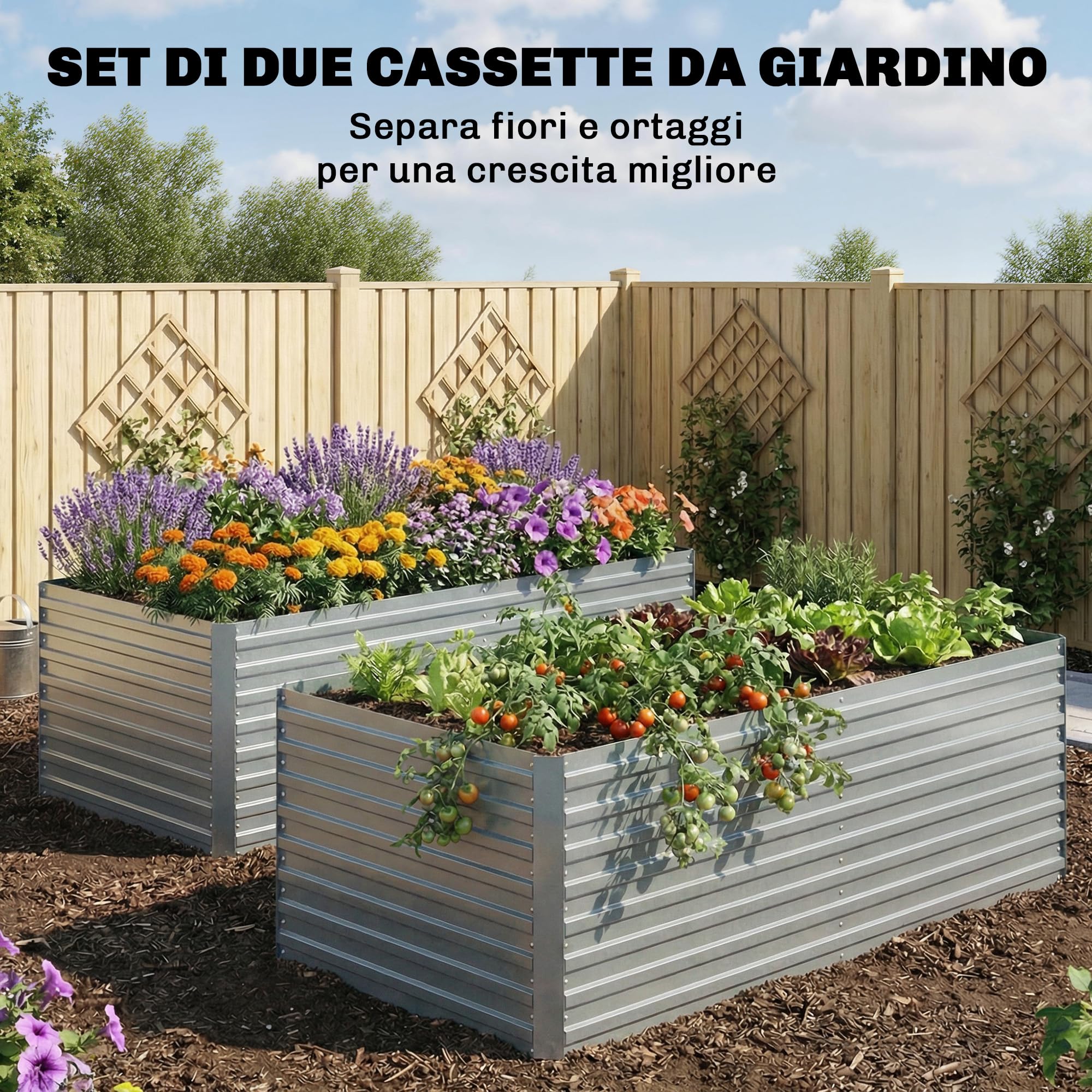 Outsunny Set 2 Orto Rialzato da Esterno in Acciaio Zincato, Cassoni Orto con Fondo Aperto, Guanti, Bordo Sicuro, Barra Rinforzo, Aiuola Rialzata per Frutte Verdure Fiori Giardino, 180x90x60cm, Argento