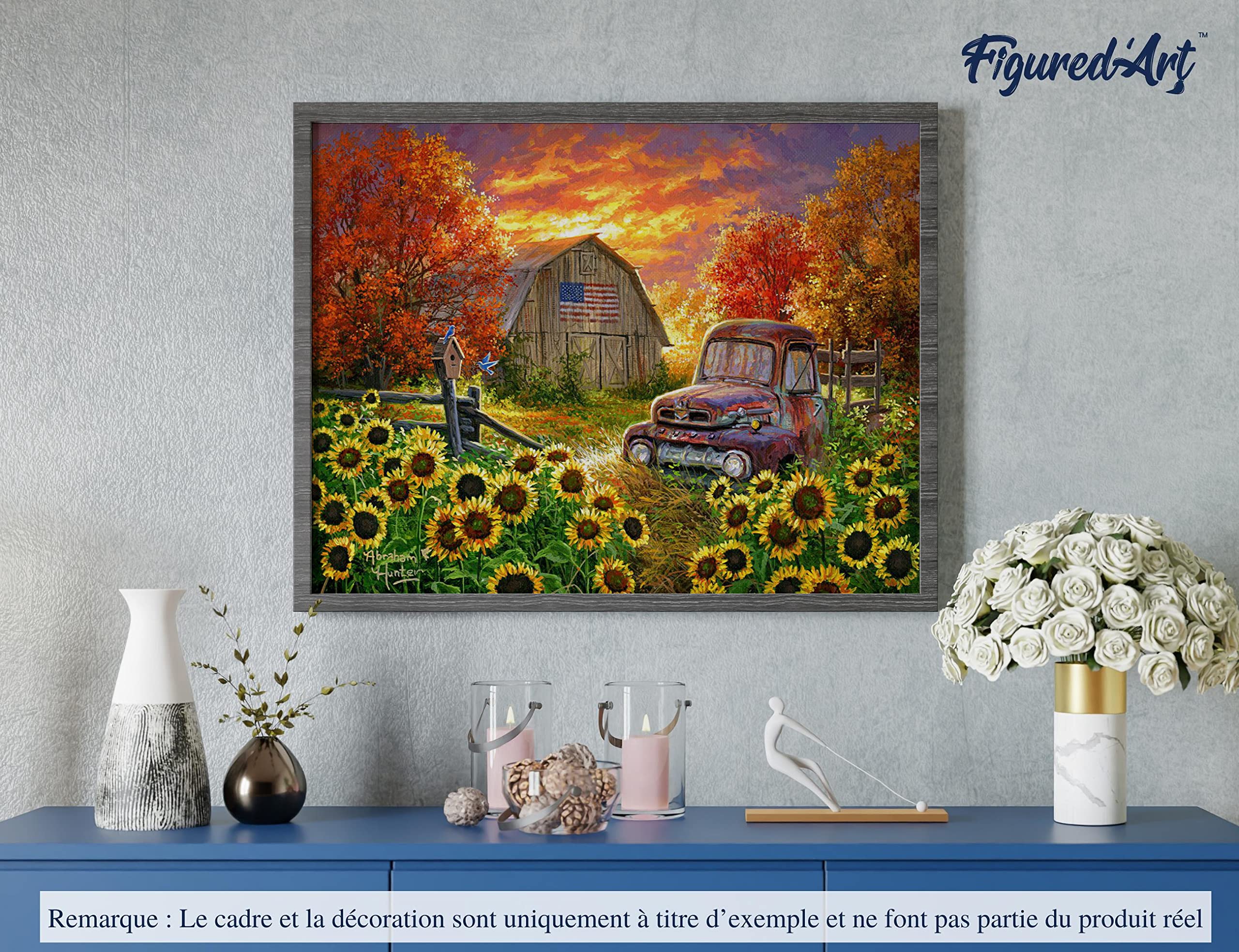 Figured'Art Malen Nach Zahlen Erwachsene Mit Rahmen Sonnenblumenfeld mit Oldtimer an der Scheune - Paint by Numbers Basteln DIY Bastelset 40x50cm Leinwand gespannt auf Holzrahmen