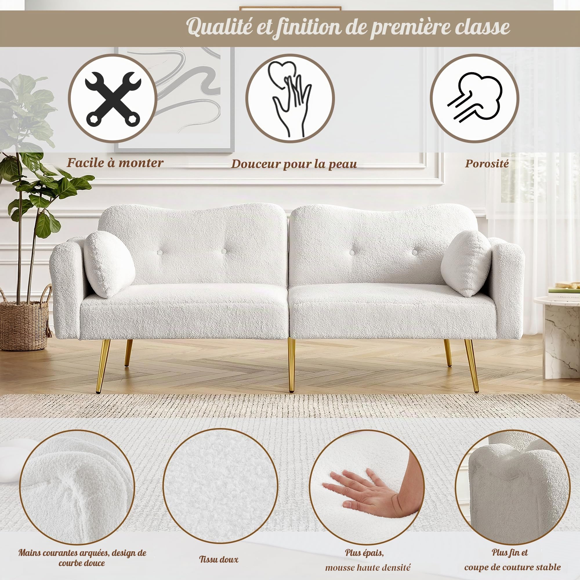 OKMYHOME Canapé Droit Convertible 2 Places avec Dossier 3 Positions et Revêtement Laine d'agneau - Pieds en Métal - Beige