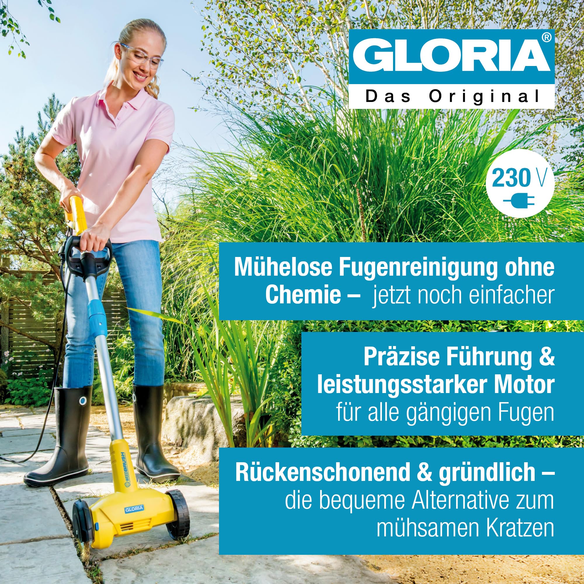 GLORIA Fugenbürste WeedBrush | Elektrischer Unkrautvernichter & Fugenreiniger | Fugenkratzer für Pflasterfugen, Terrassenplatten & Wege | Kabelgebundene Unkrautbürste 230V inkl. Stahldraht-Bürste