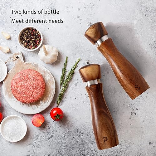 Miniatura 6 de Vicenza Home Juego de molinillo de sal y pimienta de cocina, juego de molinos de sal y pimienta de madera, hecho de madera de acacia maciza con