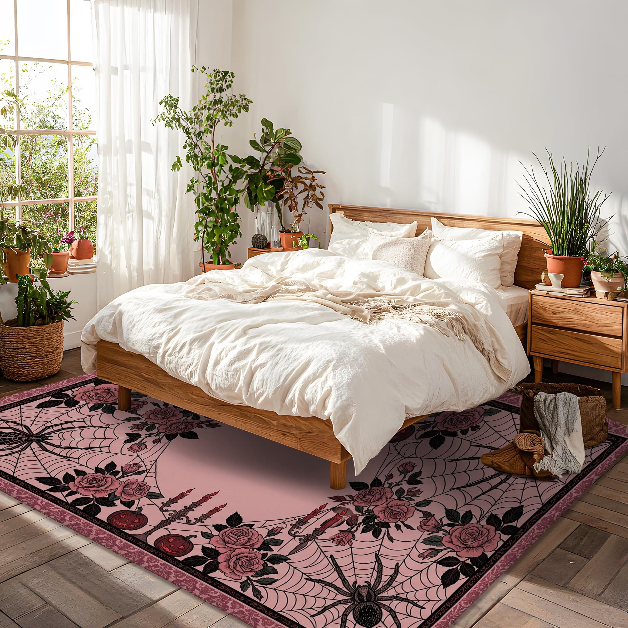 Alfombra gótica con diseño de telaraña, decoración de rosas para Halloween