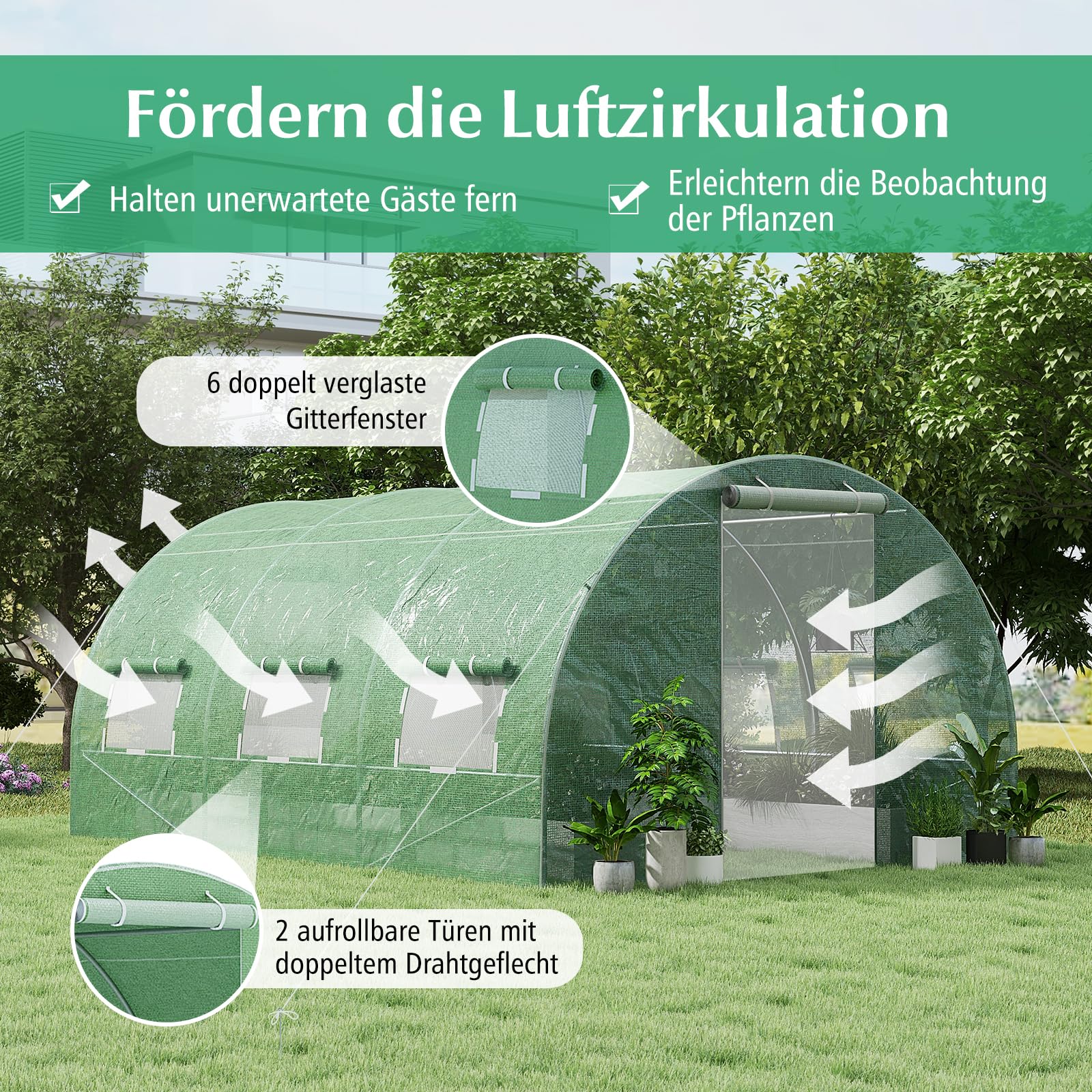 COSTWAY Szklarnia, 4 x 3 x 2 m, 12 m², szklarnia foliowa z metalowym stelażem, 6 zwijanych okien z siatki i 2 drzwiami z zamkiem błyskawicznym, do ogrodu, tunelu foliowego, na pomidory, warzywa