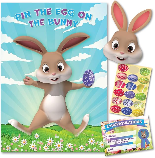 PIN THE EGG ON THE BUNNY  Fun Easter Party Game  18 Player - Play with family, kids, school children over the Easter Holidays or ideal Easter Decoration Accessories