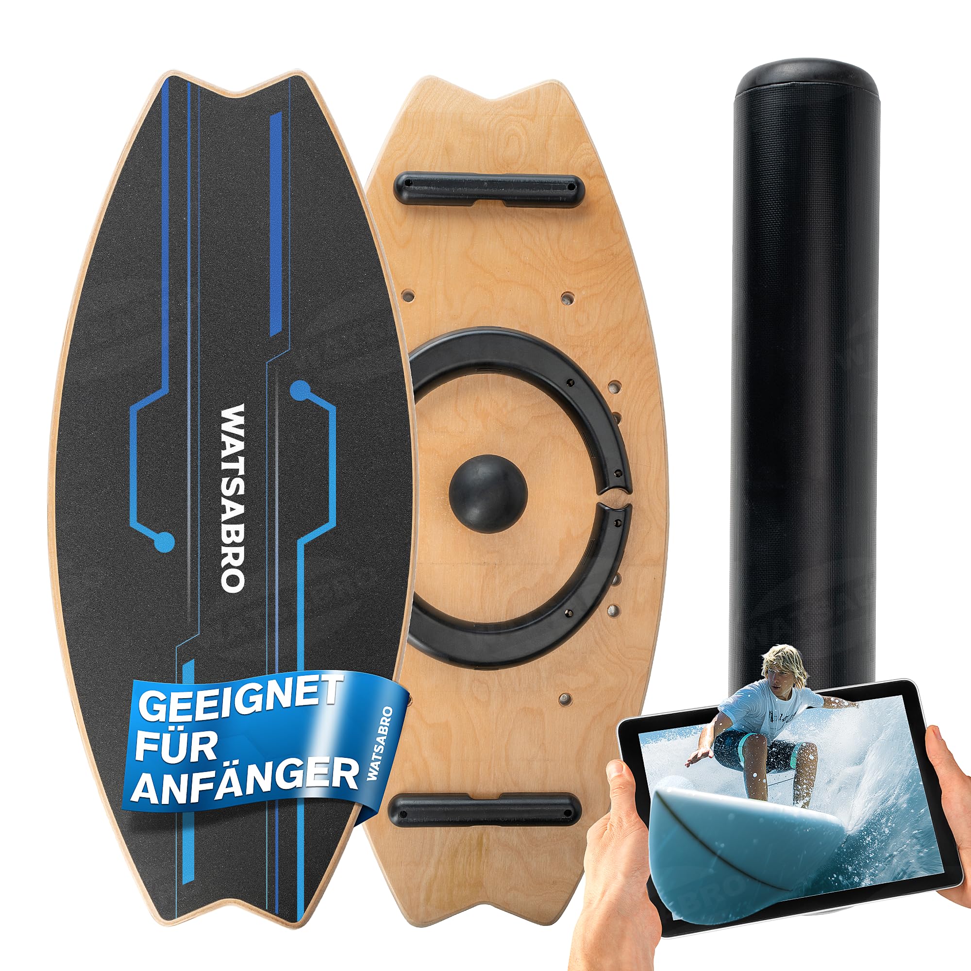 WATSABRO Balance Board, Surf Balance Board mit Verstellbaren Stoppern | Rutschfest Gleichgewichtstrainer für Einsteiger & Profis, Echtholz Balanceboard für Kinder Erwachsene inklusive Rolle & Ball
