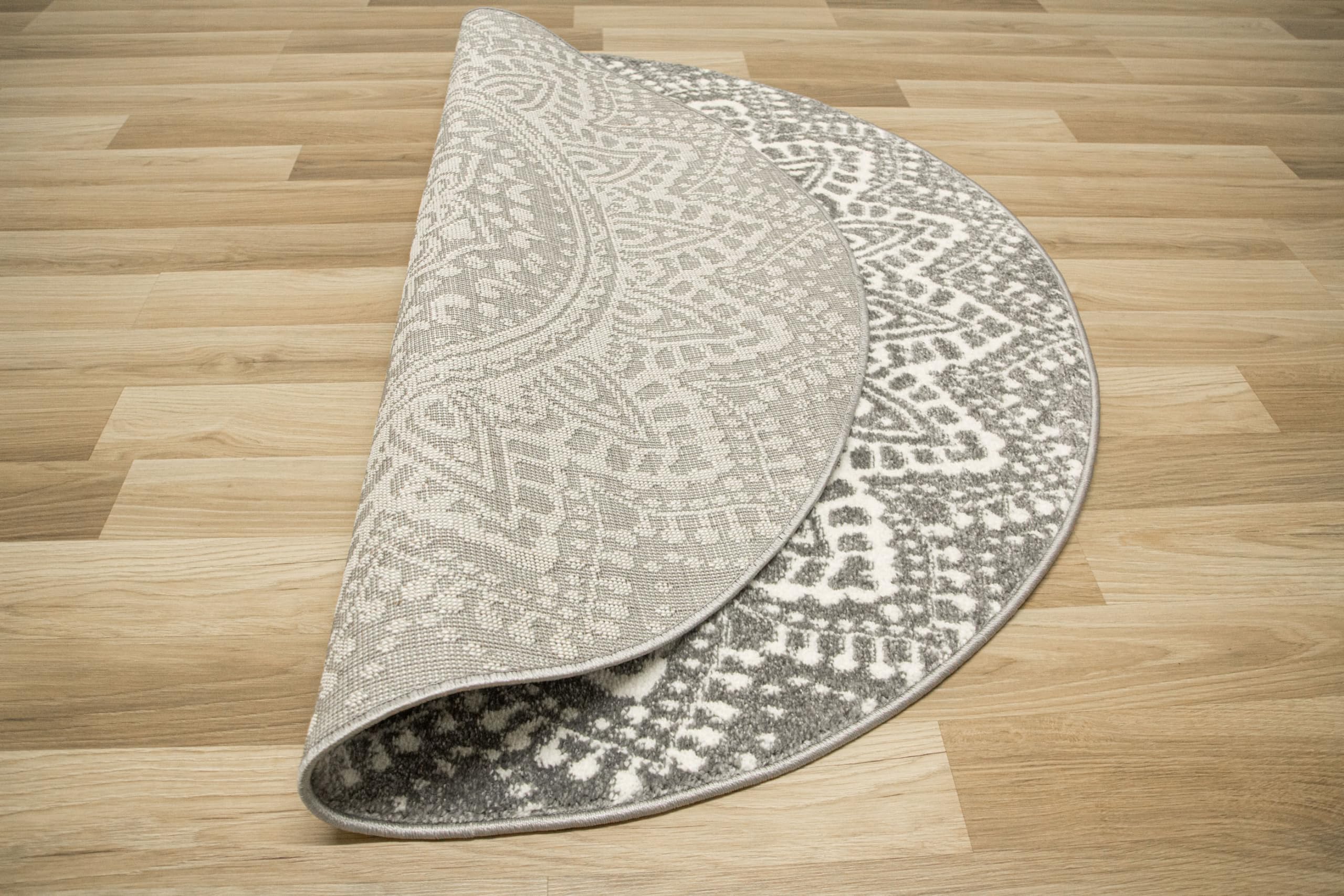Teppich Runder Muster Mandala Boho 140cm Weiß Grau, moderne Teppiche Wohnzimmer kurzflor, Teppiche Area Gegend, Tepich Schlafzimmer,Bedroom Rug
