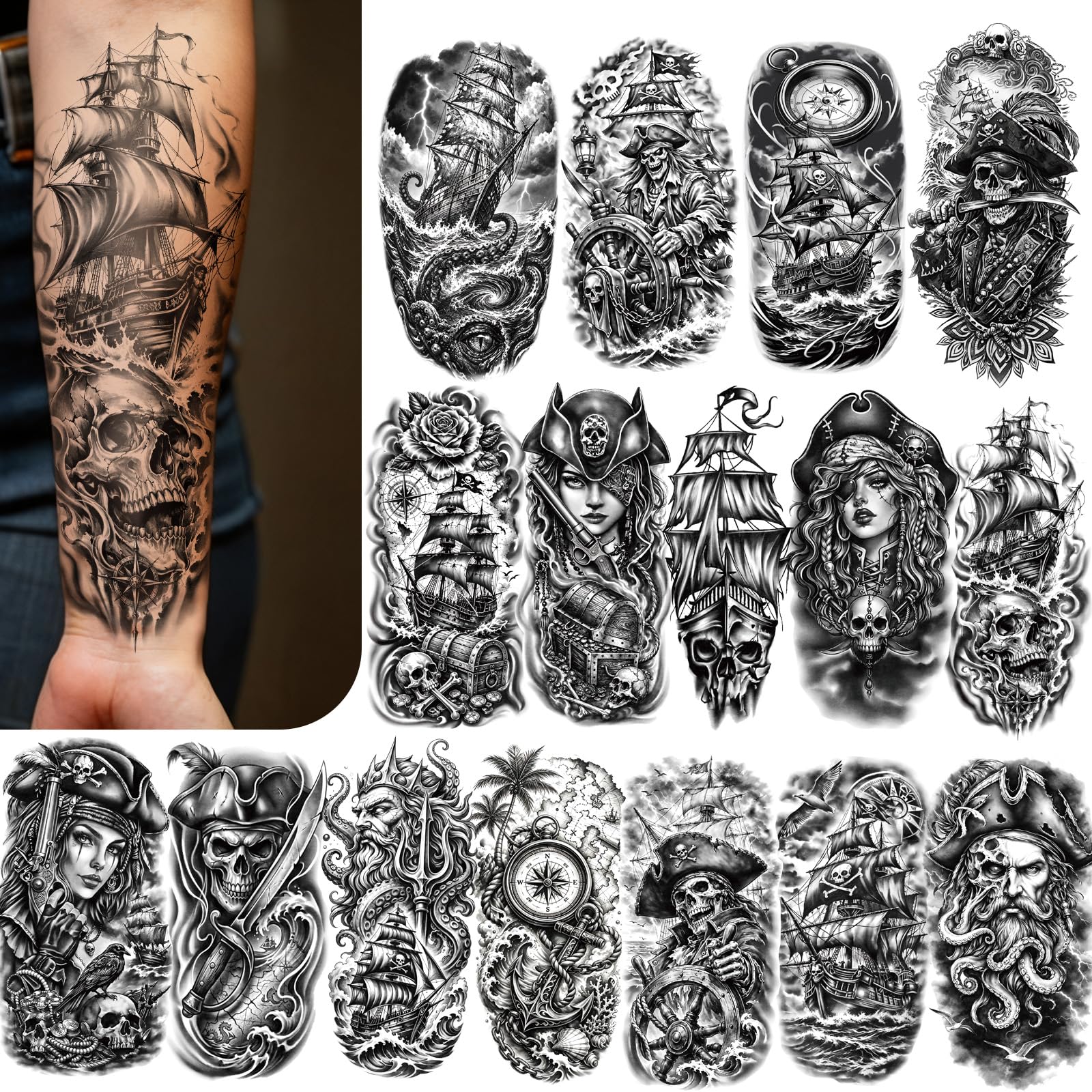 84 Sheets Pirate Temporary Tattoos Adult, 24 Sheets Half Arm Captain Anchor Compass Sailboat Tattoos Large, 60 Tiny Flag Skull Sailor Fake Tattoo for Costume, Cross Arm Tattoos for Men Women Kids