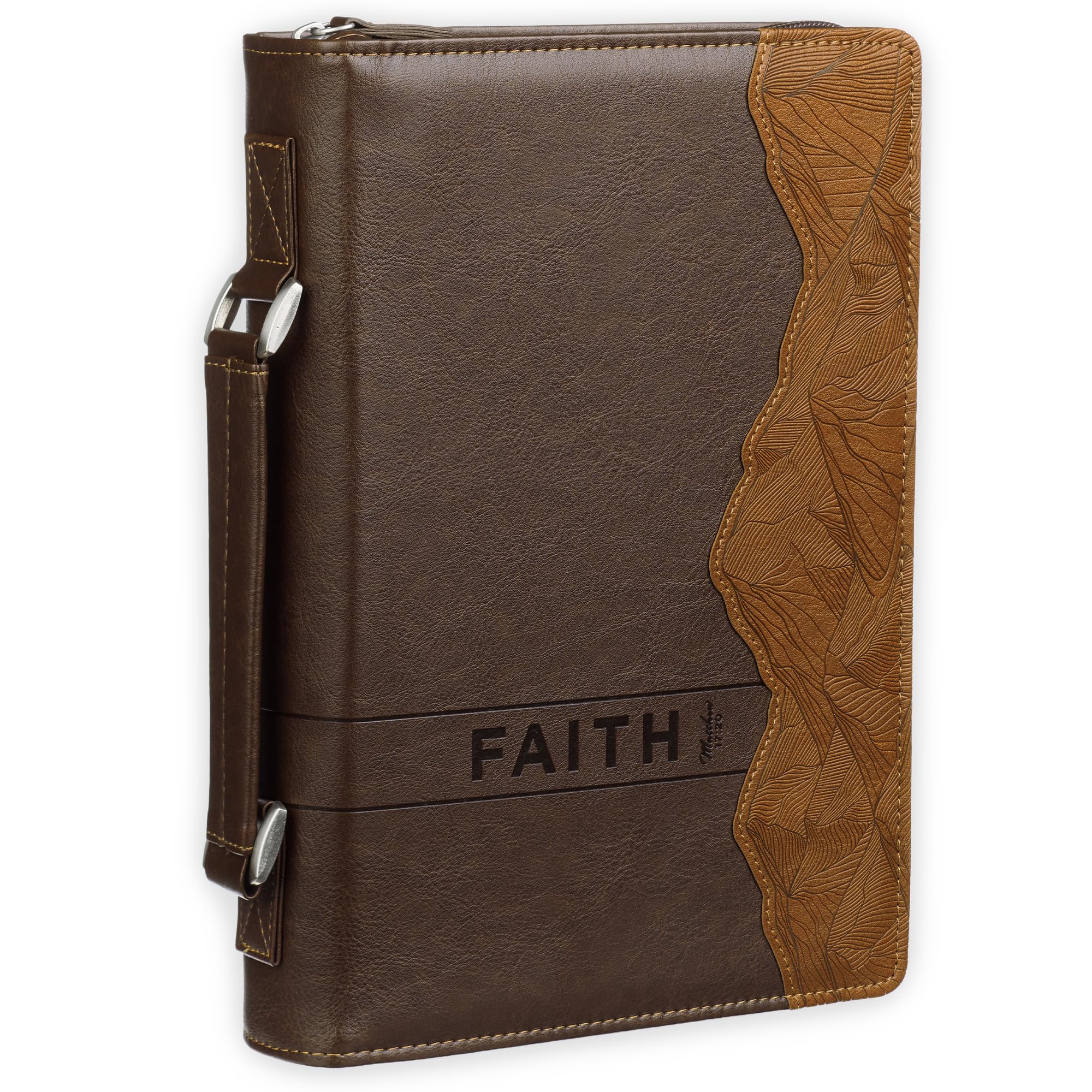 Christian Art Gifts Premium Vegan Leather Inspirational Bible Cover for Men & Women: Faith Moves Mountains Encouraging Bible Verse, Easy Carry Zippered Case, Pen Loops, Pockets, Brown, Medium-image-46