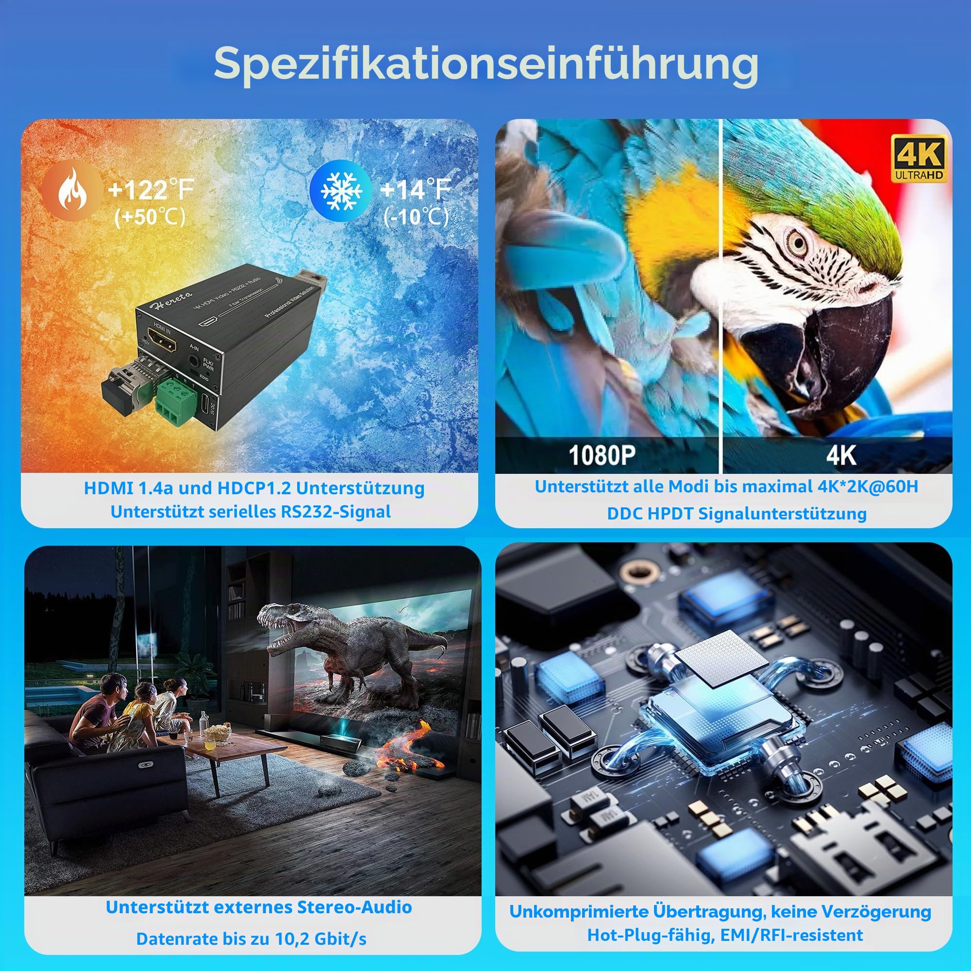 4K-HDMI-Video-Extender, 10,2 Gbit/s, Mini-HD-Glasfaserkonverter mit RS232 und Audio-Erweiterung von Entfernungen bis zu 20 km über Single-Mode-SFP-SFP-Transceiver