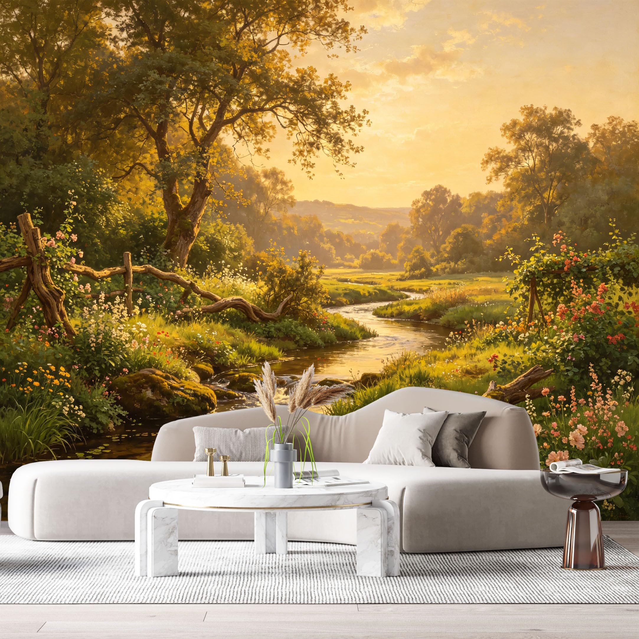 Custom Size Wall Murals Sunset River Landscape Oil Painting Wildflower Meadow Tree Branch SelfAdhesive Wall Fabric Removable Large Wallpaper for Photo Living Room