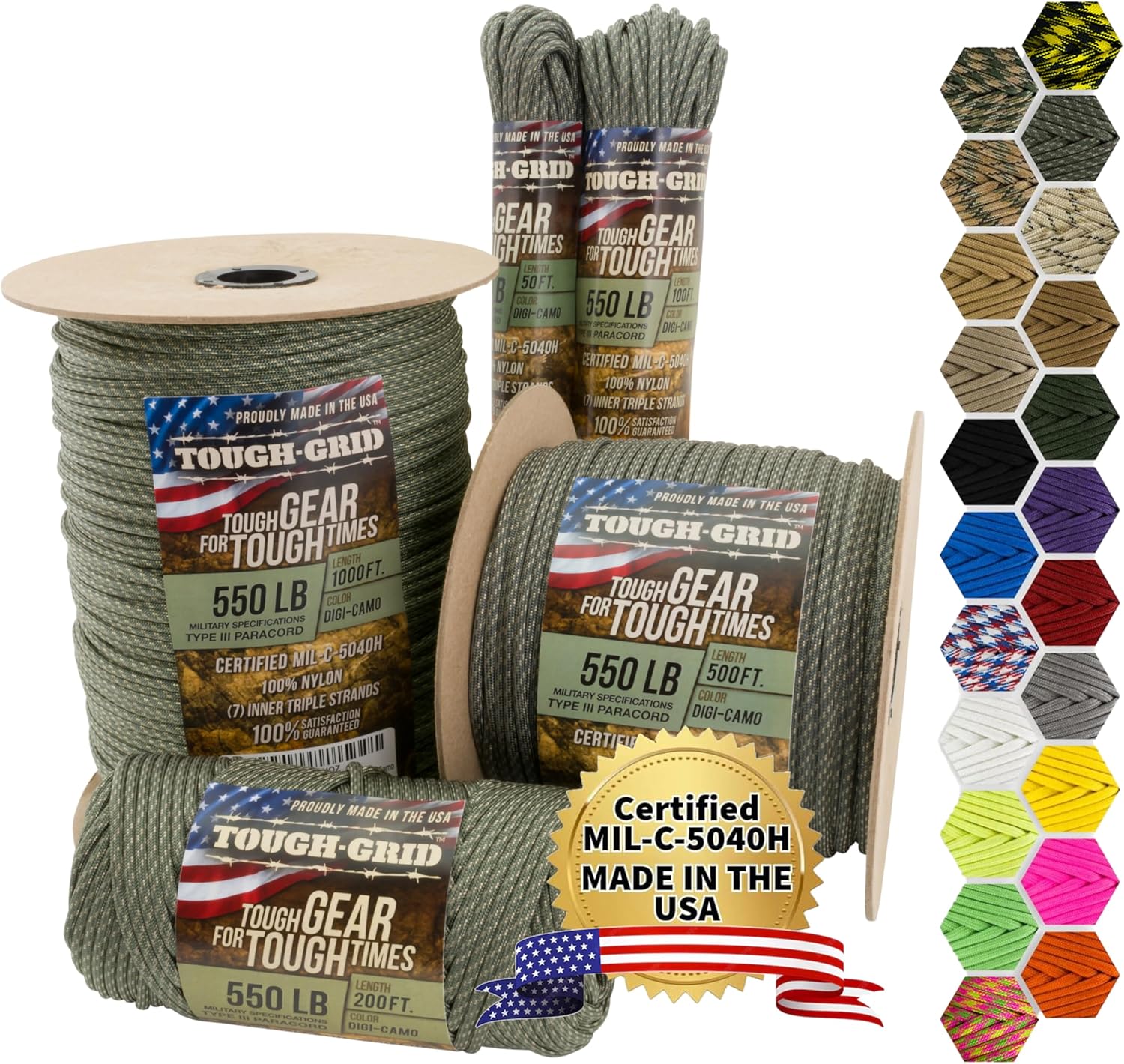 TOUGH-GRID 550 Paracord, Type III Mil-Spec Nylon Rope - 200 Ft Digi-Camo Tactical Survival Cord