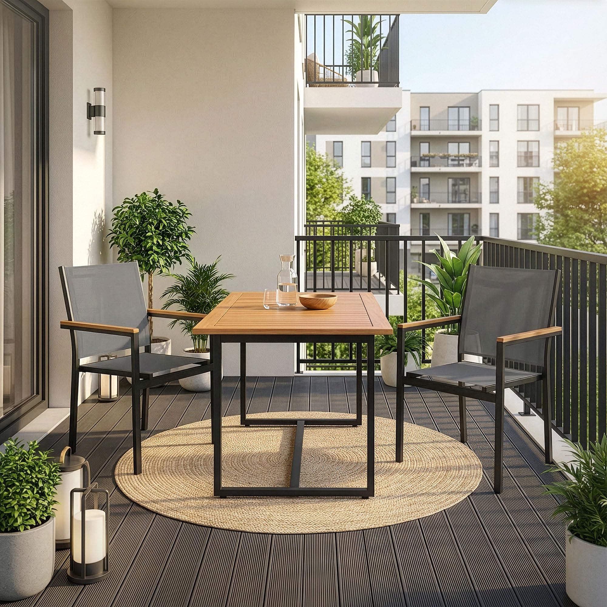 ML-Design Juego 2X Sillas de Jardín Gris Oscuro Asiento de Textilene para Terraza, Aspecto Madera y Estructura de Aluminio con Reposabrazos y Respaldo Mueble Apliable Resistente a la Intemperie