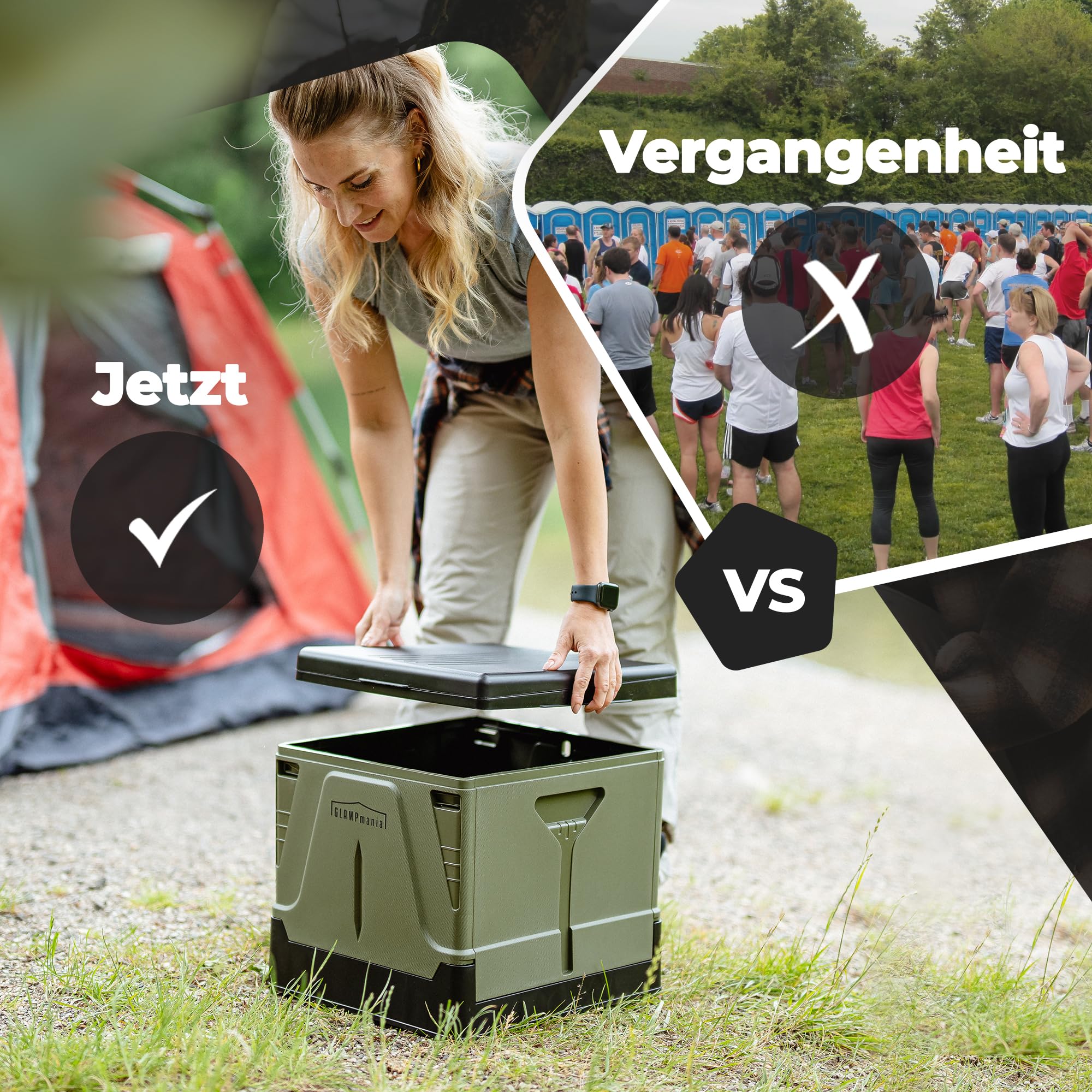 Campingtoilette faltbar | Klapptoilette bis 150 kg inkl. Ablagefach & 12x Tüten | Mobile Toilette Camping WC | Outdoor, Festival, Stau, Notfall | Größe M grün