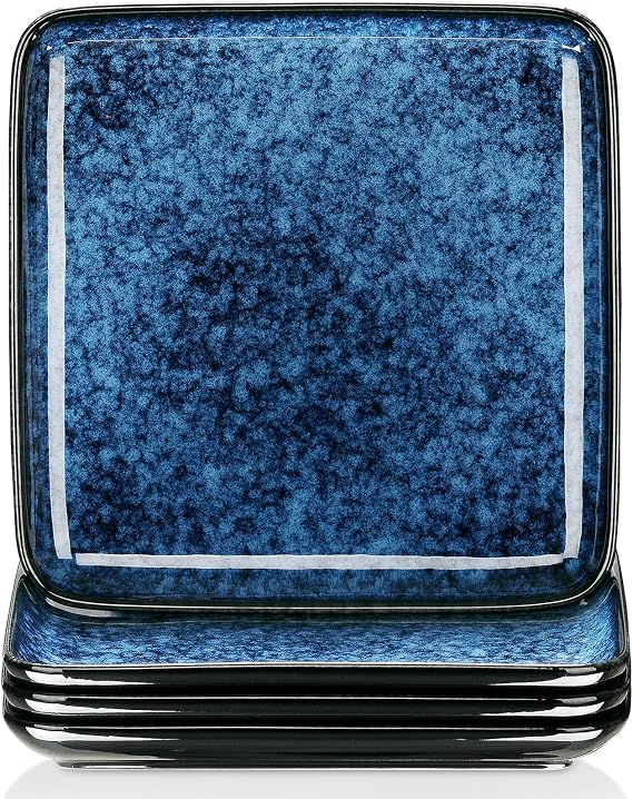 vancasso Stern Square Dinner Plates Set of 4, 10.5 Inch Dessert Plates, Reactive Change Glaze Blue Serving Pasta Salad Plate Dish, Scratch Resistant