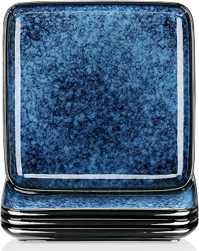 vancasso Stern Square Dinner Plates Set of 4, 10.5 Inch Dessert Plates, Reactive Change Glaze Blue Serving Pasta Salad Plate Dish, Scratch Resistant