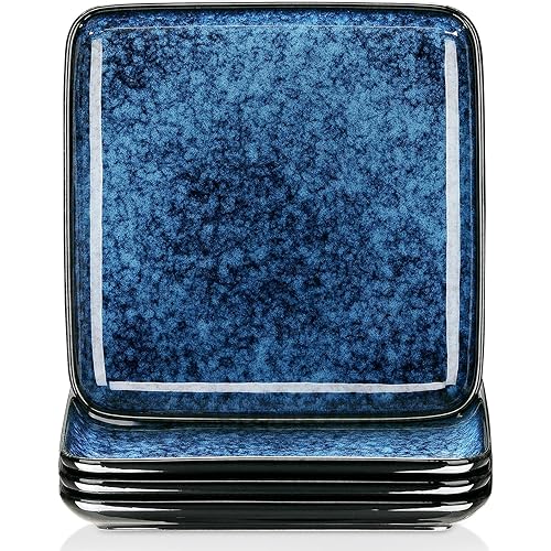 vancasso Stern Square Plate Set of 4, 10.5 Inch Dinner Plate, Reactive Change Glaze Blue Serving Plate