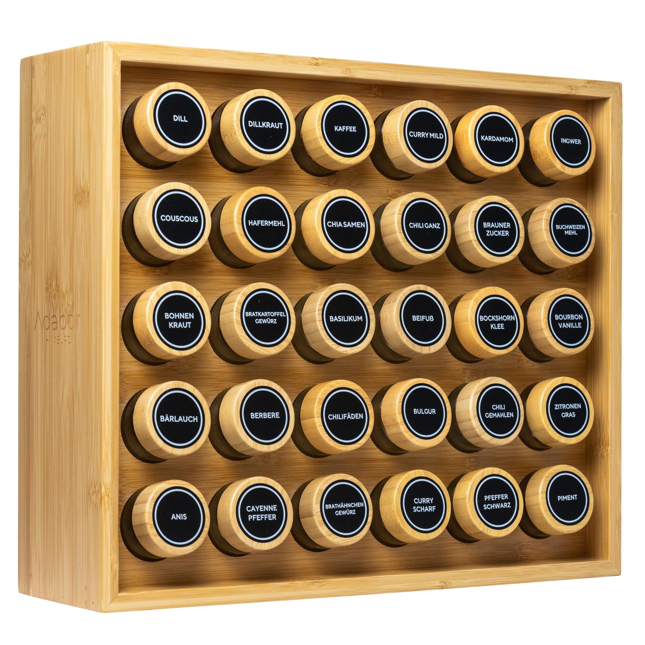 Adabor Gewürzregal – Bambus Design, 30 Gläser, Etiketten & Stift