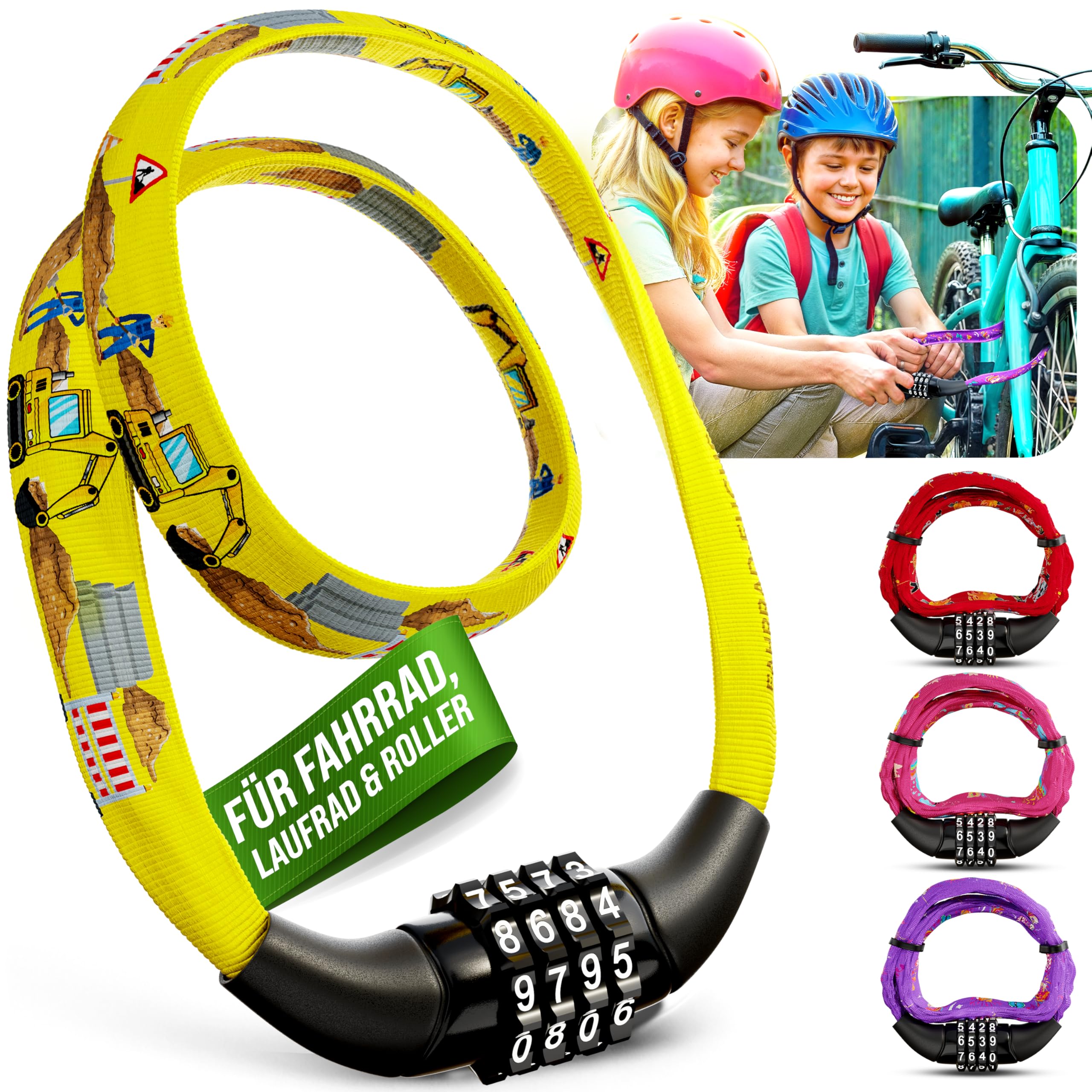 Fahrradschloss Kinder mit Zahlencode – Bagger – leicht und sicher – Kinder Fahrradschloss Zahlenschloss – 65 cm – Zahlenschloss Fahrrad – Schloss Zahlencode für Kinderfahrrad