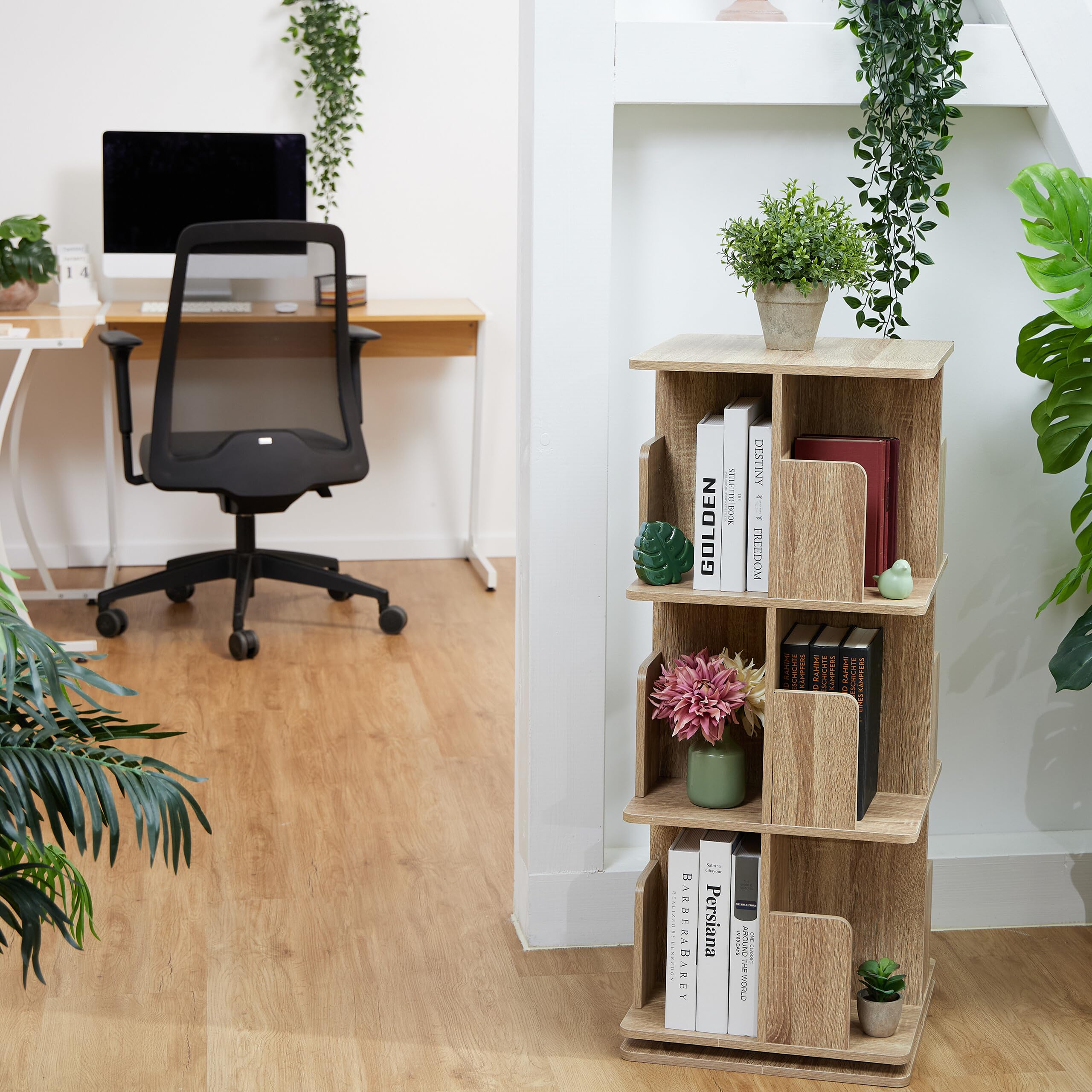 Relaxdays Libreria Girevole, 3 Ripiani Effetto Legno, Scaffale Porta Libri e CD, 95x39x39 cm, Torre Rotante, Naturale