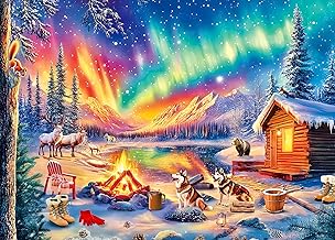 300 Piece Puzzles for Adults Large Piece - Jigsaw Puzzles for Kids Seniors - Campfire Under The Northern Lights