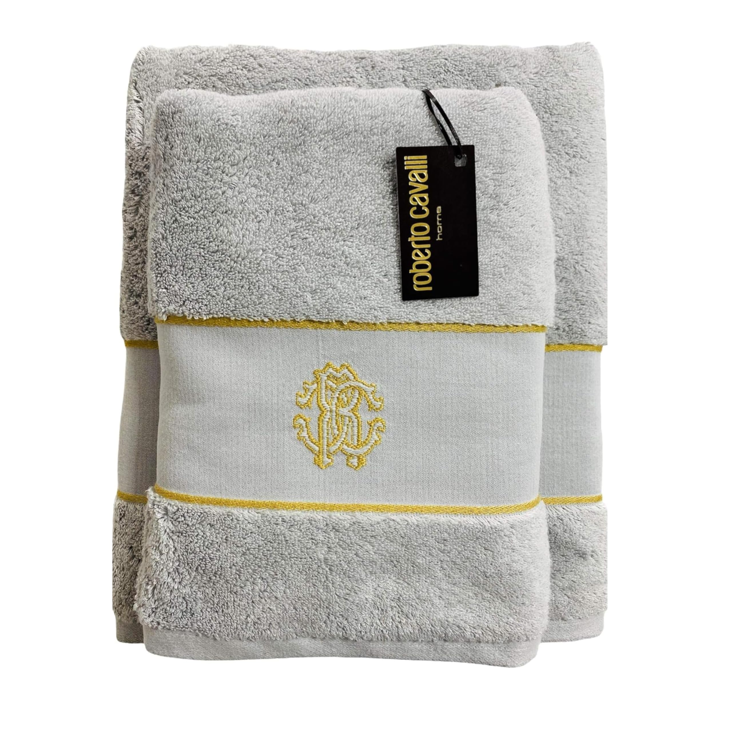 Roberto Cavalli Set 1+1 in Spugna Asciugamano e Ospite Gold New Ricamato Grigio