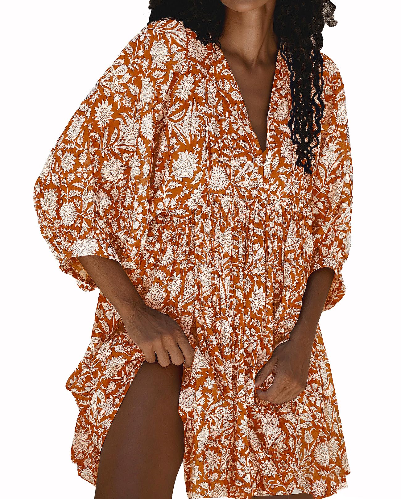 Womens Summer Boho Floral V‑Neck 3/4 Sleeve Babydoll Swing Mini Beach Dress