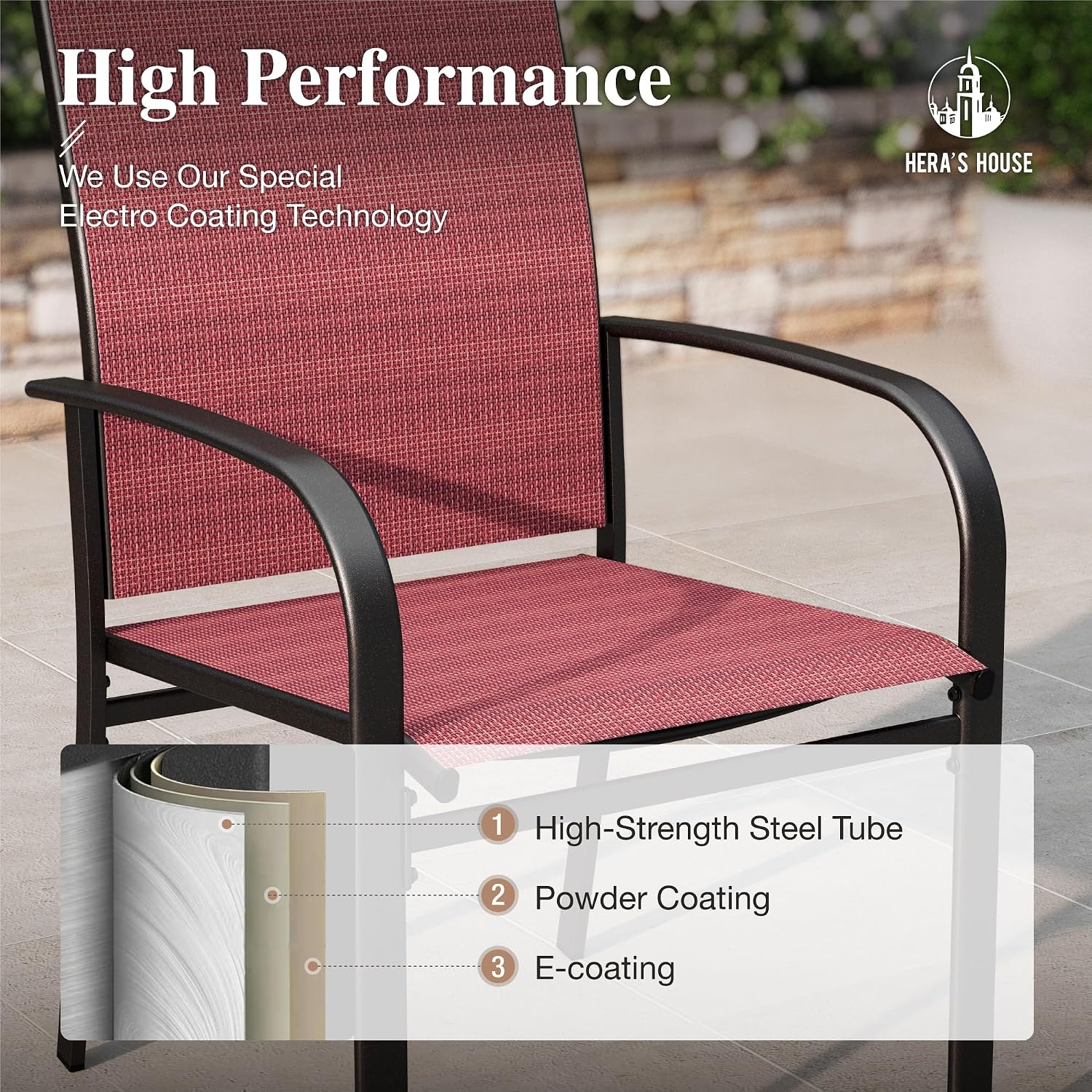 HERA'S HOUSE Patio Dining Chairs Set of 8, 36" Textilene Fabric Outdoor Chair with Wrought Iron Metal Frame Support 350lbs for Lawn Garden Backyard Kitchen, Red