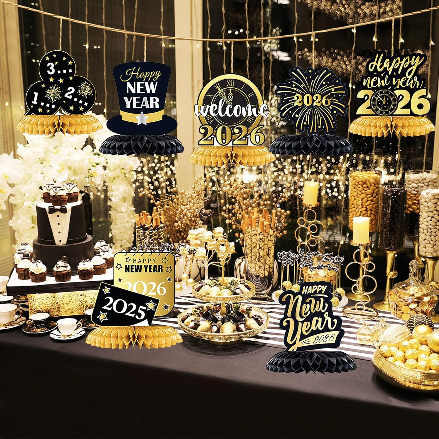 Lucleag 9 Pieces New Years 2026 Honeycomb Centerpiece Party Decoration, Happy New Year Table Toppers Decor 2026, Black Gold Honeycomb Centerpiece Decor for 2026 New Years Eve Party Decor Supplies