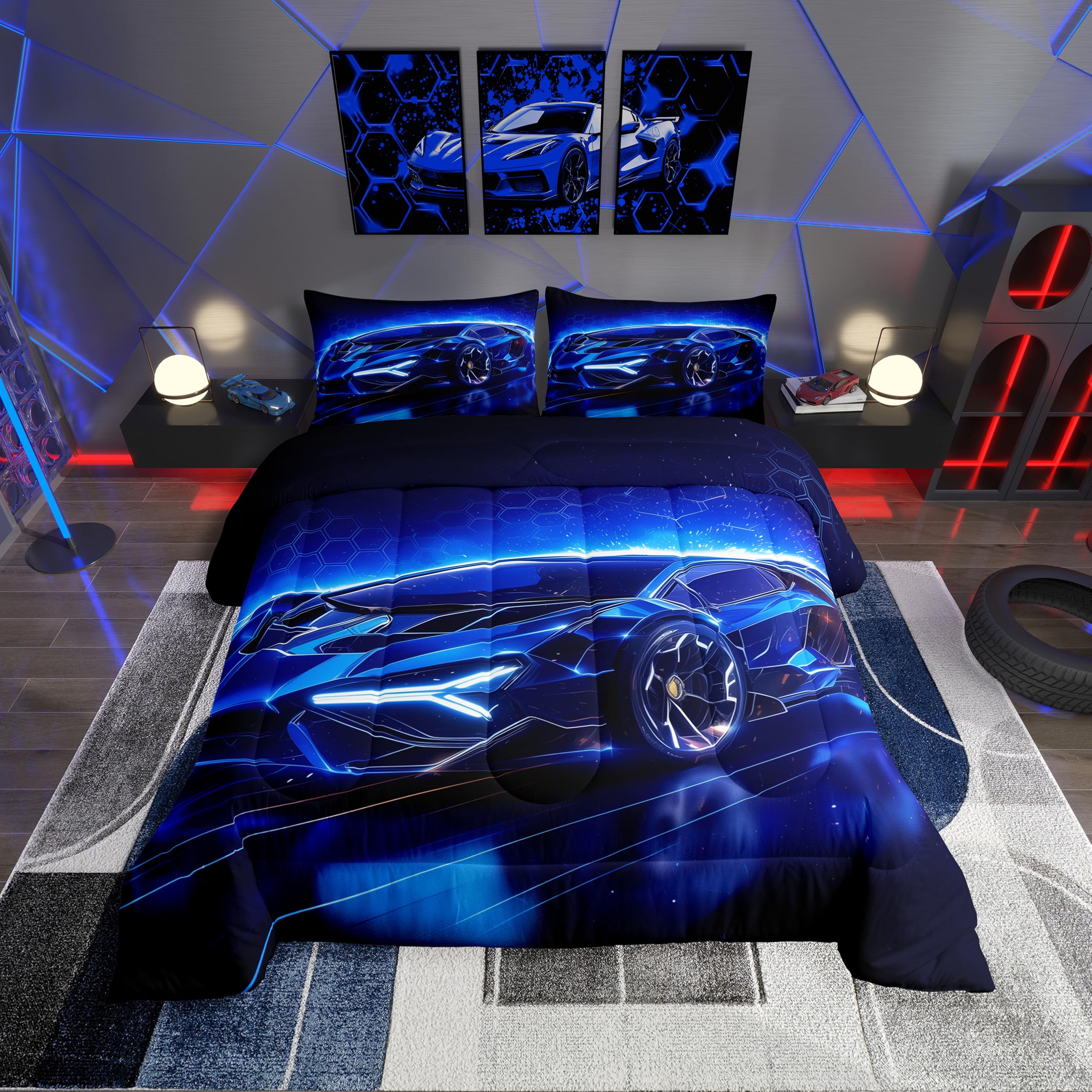 Feelyou Kids Toddler Size Blue Sports Car Comforter Set Car Race Comforter Extreme Sports Theme Quilt Set Luxury Decor Cool Speed Quilt Soft for All
