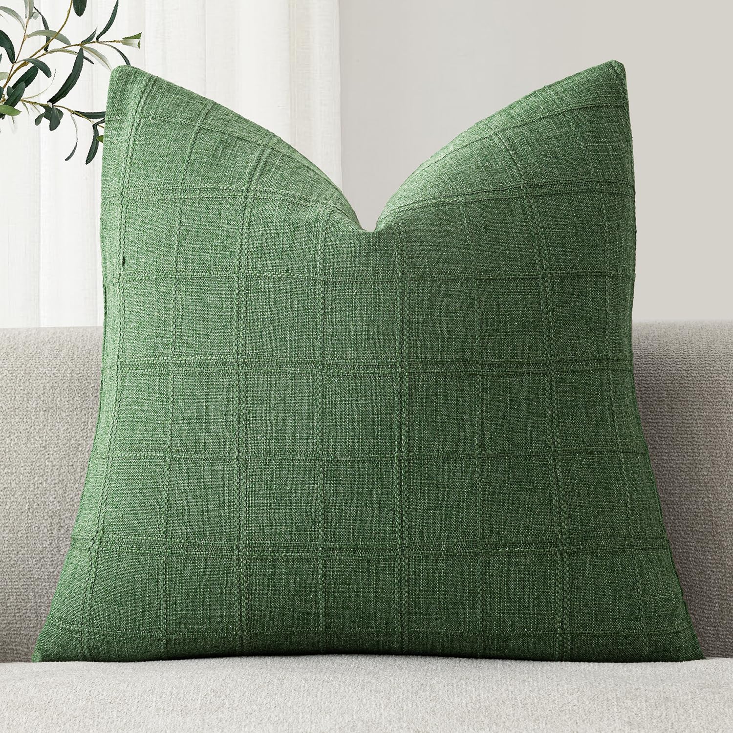 Foindtower Set of 1 Decorative Linen Check Throw Pillow Cover Neutral Farmhouse Vintage Cushion Cover Modern Boho Accent Home Decor for Sofa Chair Couch Bedroom Living Room,16×16 Inch,Forest Green