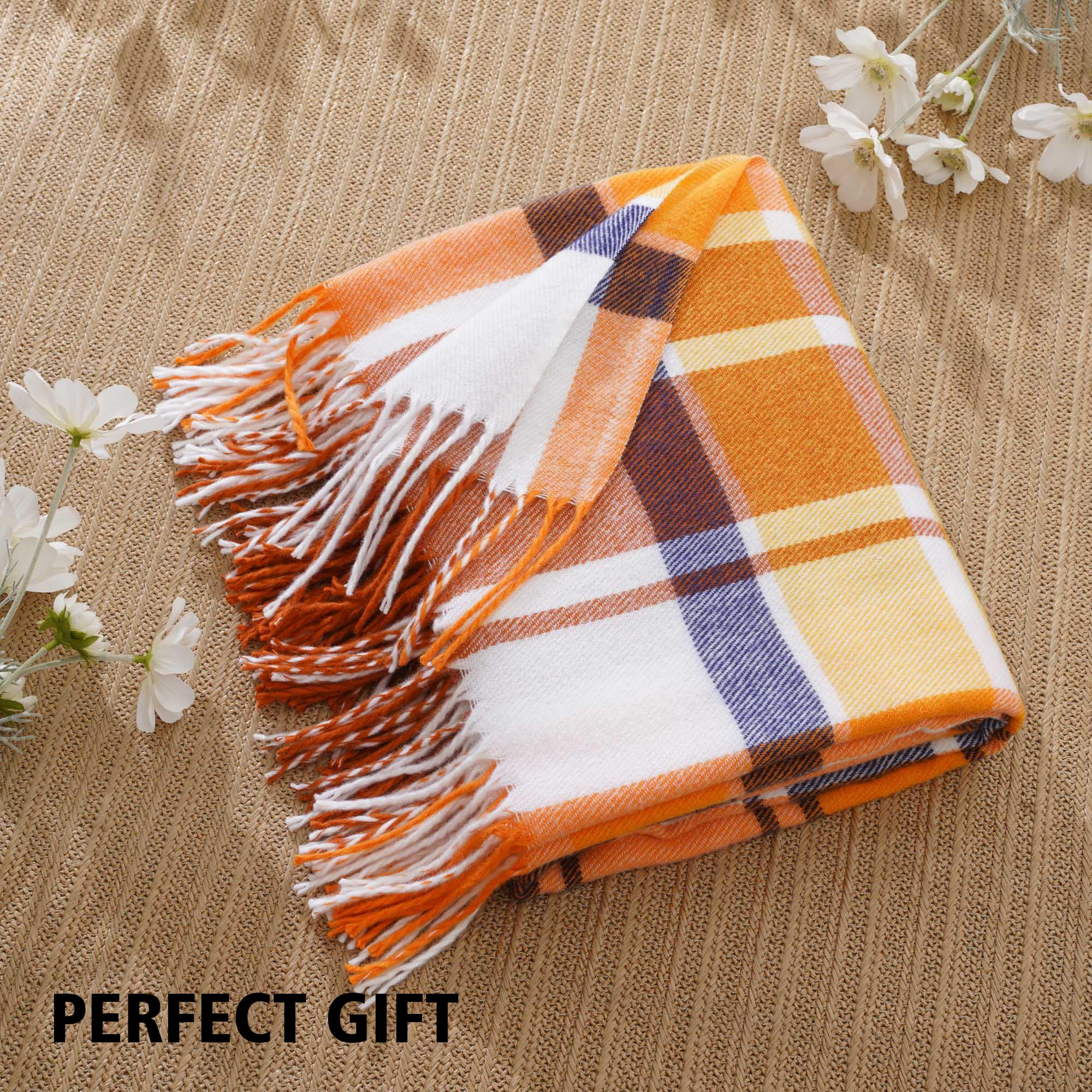 BATTILO HOME Rust Plaid Throw Blanket for Couch Bed Decorative Orange Fall Throw Blankets - Image 2