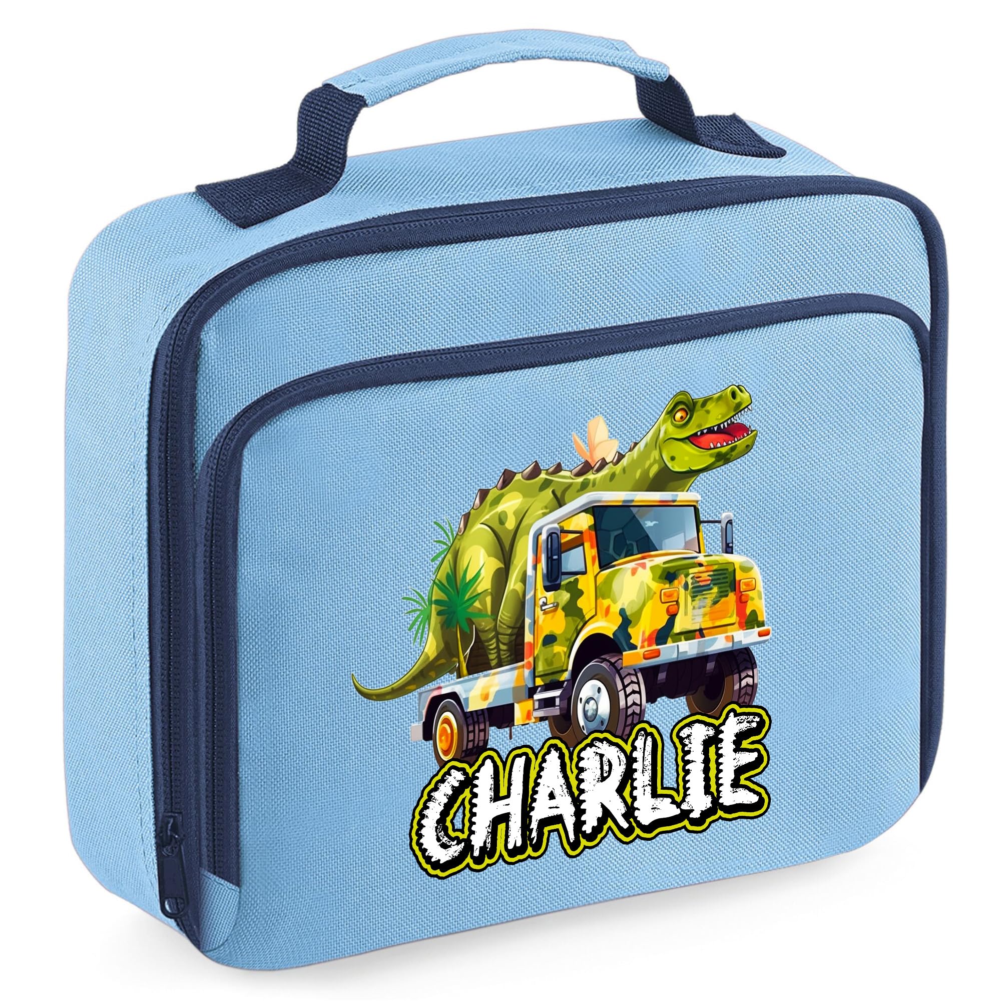 Personalised Dinosaur Truck Lunch Bag for Kids Custom Dino Back to Nursery School Lunchbox, 24cm x 20cm x 8cm, Sky Blue