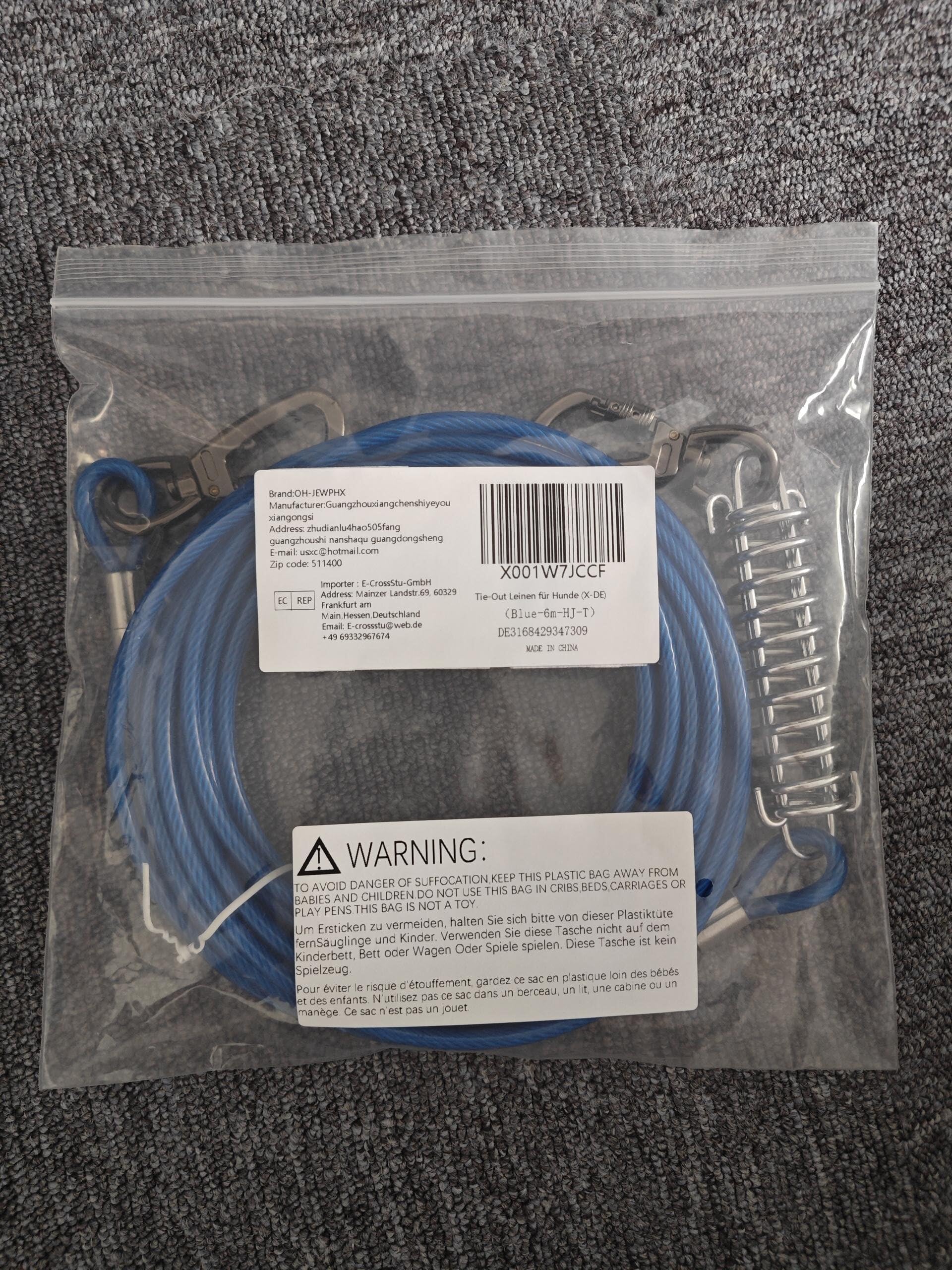 Cable de amarre azul para perros con gancho giratorio de resorte, cadenas de perro resistentes para exteriores, correas de cable para patio, camping, para perros de hasta 500 libras (3 m)